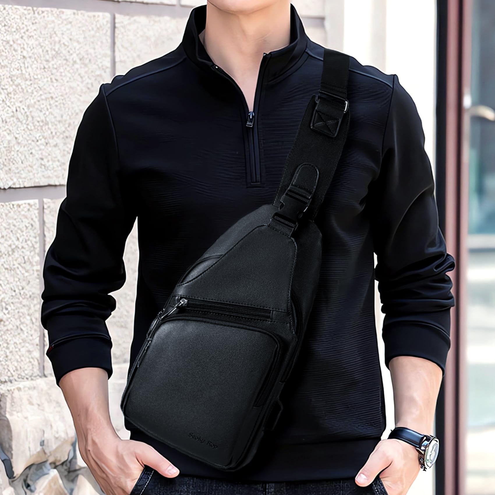 Seoky Men's Leather Sling Bag - Waterproof Crossbody Chest Bag with USB Charging Port - One Shoulder Sling Backpack for Travel, Work & Daily Use (Black)