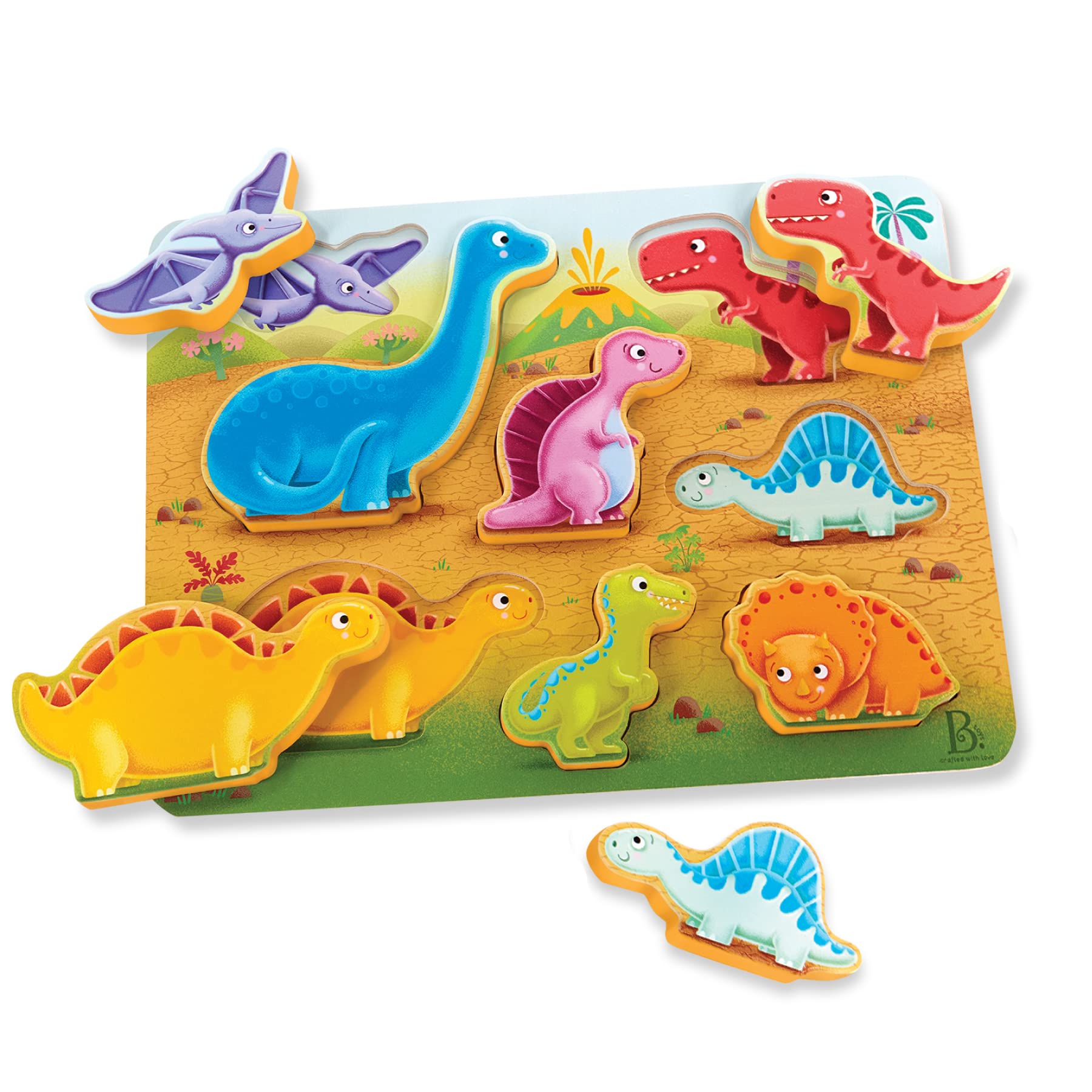 B. Toys Peek & Explore Dinosaur Wooden Puzzle - Chunky Toddler Puzzle for Kids Ages 2+ | Educational Developmental Toy for Fine Motor Skills | Dinosaur Theme Playroom & Preschool Learning Activity