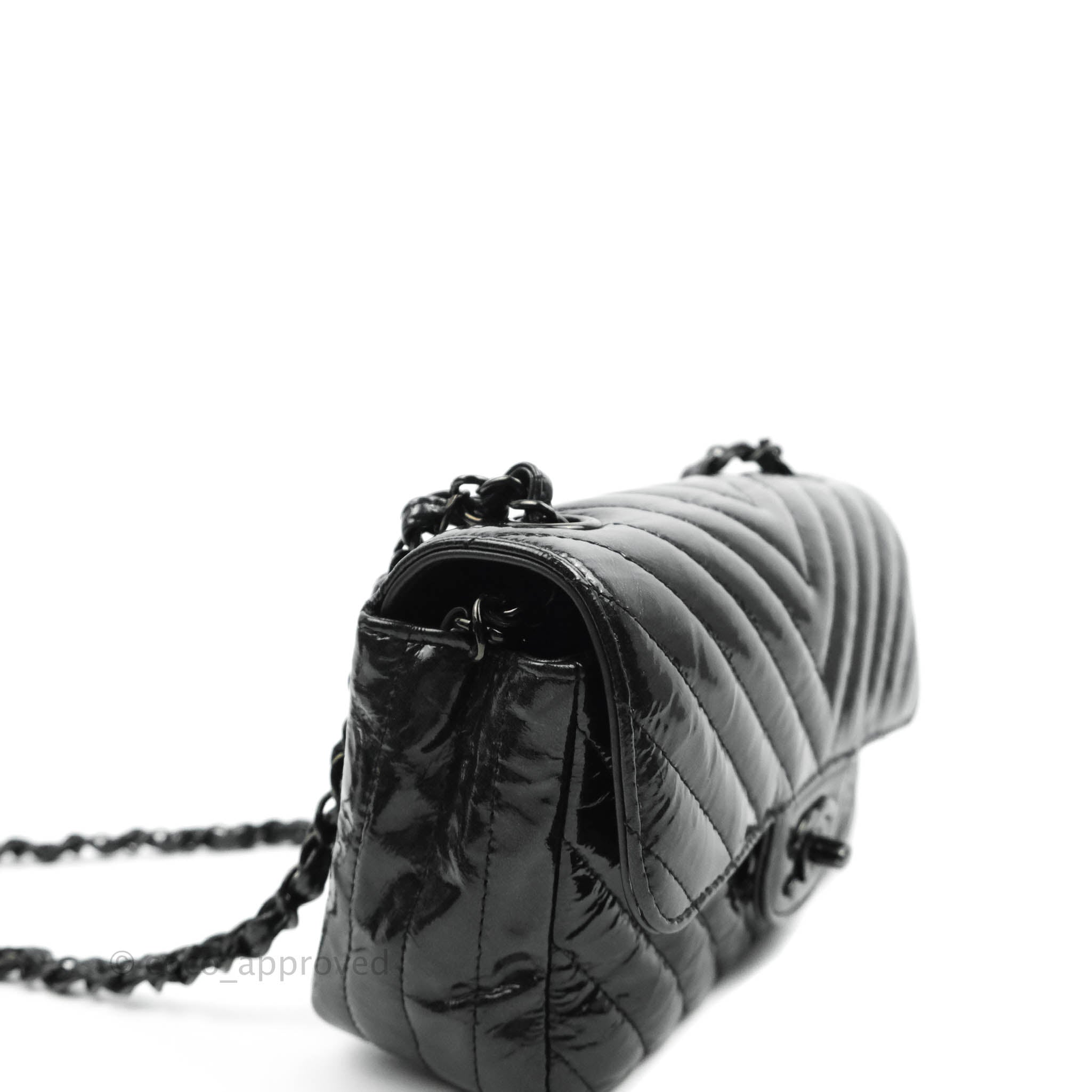 Chanel Chevron Mini Rectangular Flap Bag in Black Crumpled Patent Leather with So Black Hardware - Perfect for Evening Events & Luxury Fashion Accessories