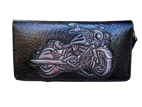 **Men's 3D Genuine Leather Biker Wallet with Zip Closure - Handmade Carved & Tooled Airbrush Art - Custom Personalized Motorcycle Wallet for Men - Perfect for Bikers, Riders & Gift Giving**