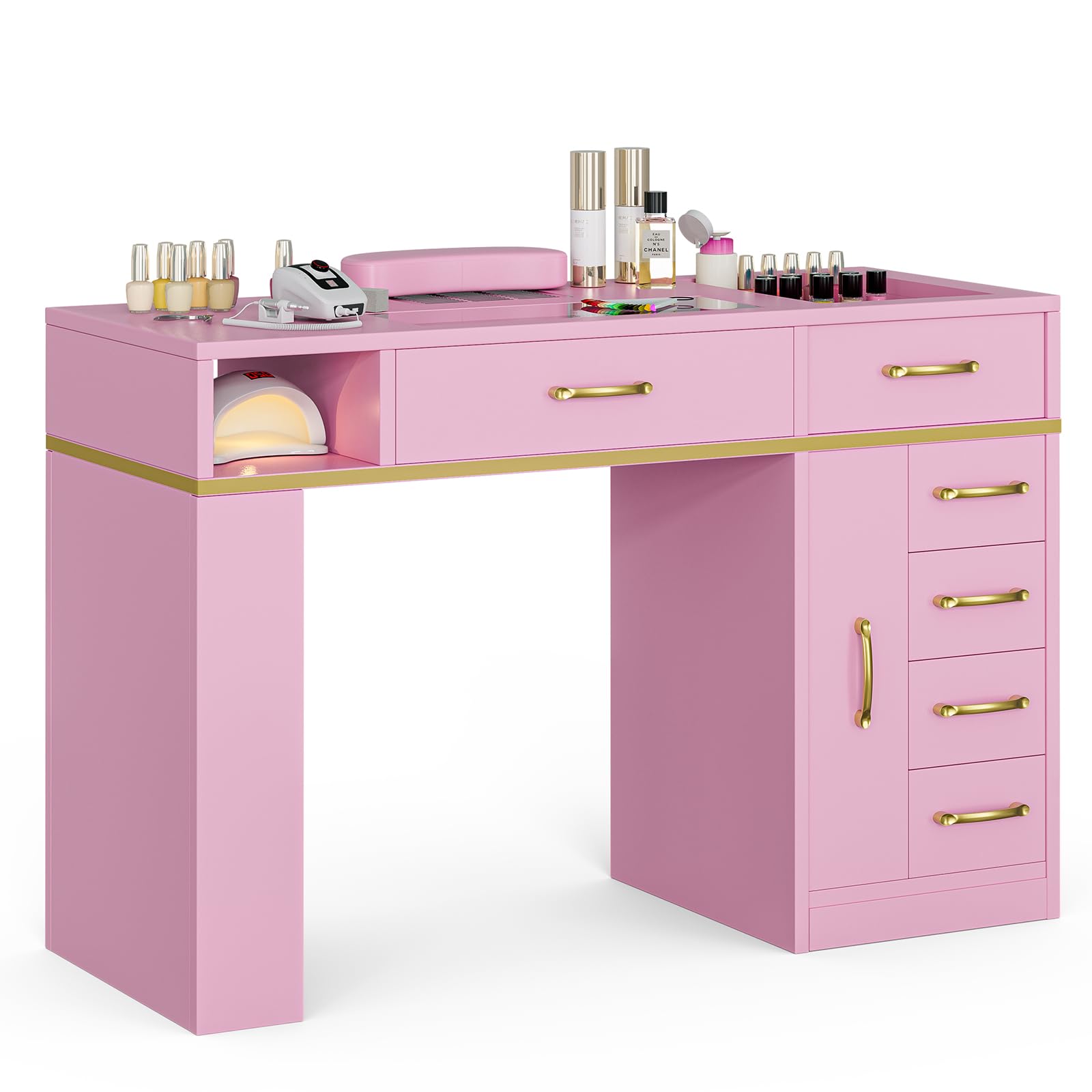 Premium Nail Salon Table with Electric Downdraft Ventilation - Paddie Glass Top Manicure Station with 3-Tier Open Shelves, Golden Handles & Drawers, Arm Rest - Perfect for Professional Nail Technicians & Home Beauty Salons (Pink)