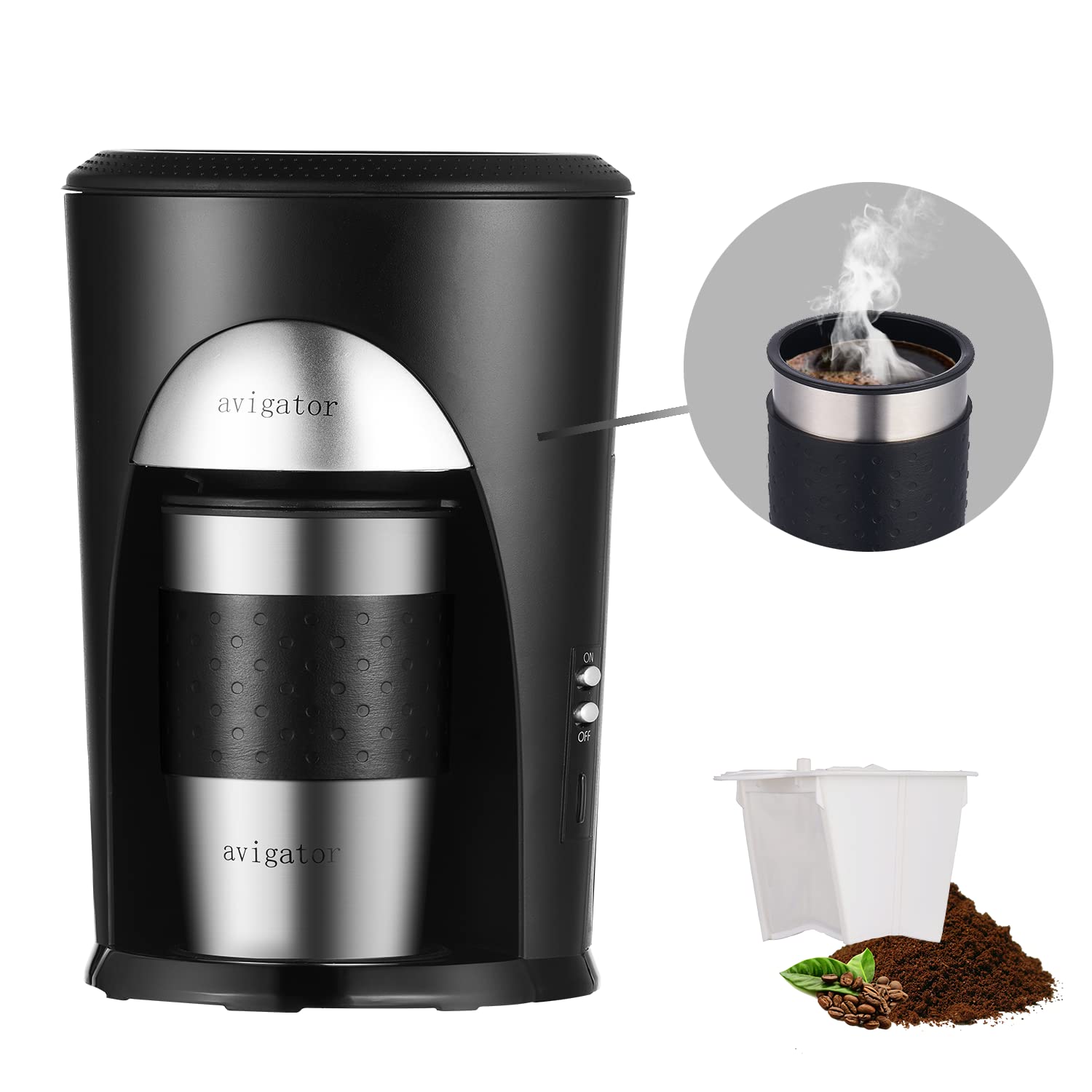 Navigator Single Serve Coffee Maker for Ground Coffee - Personal Drip Coffee Brewer with 10oz Travel Mug & Reusable Filter - Silver & Black - Perfect for Home, Office, Camping & Travel