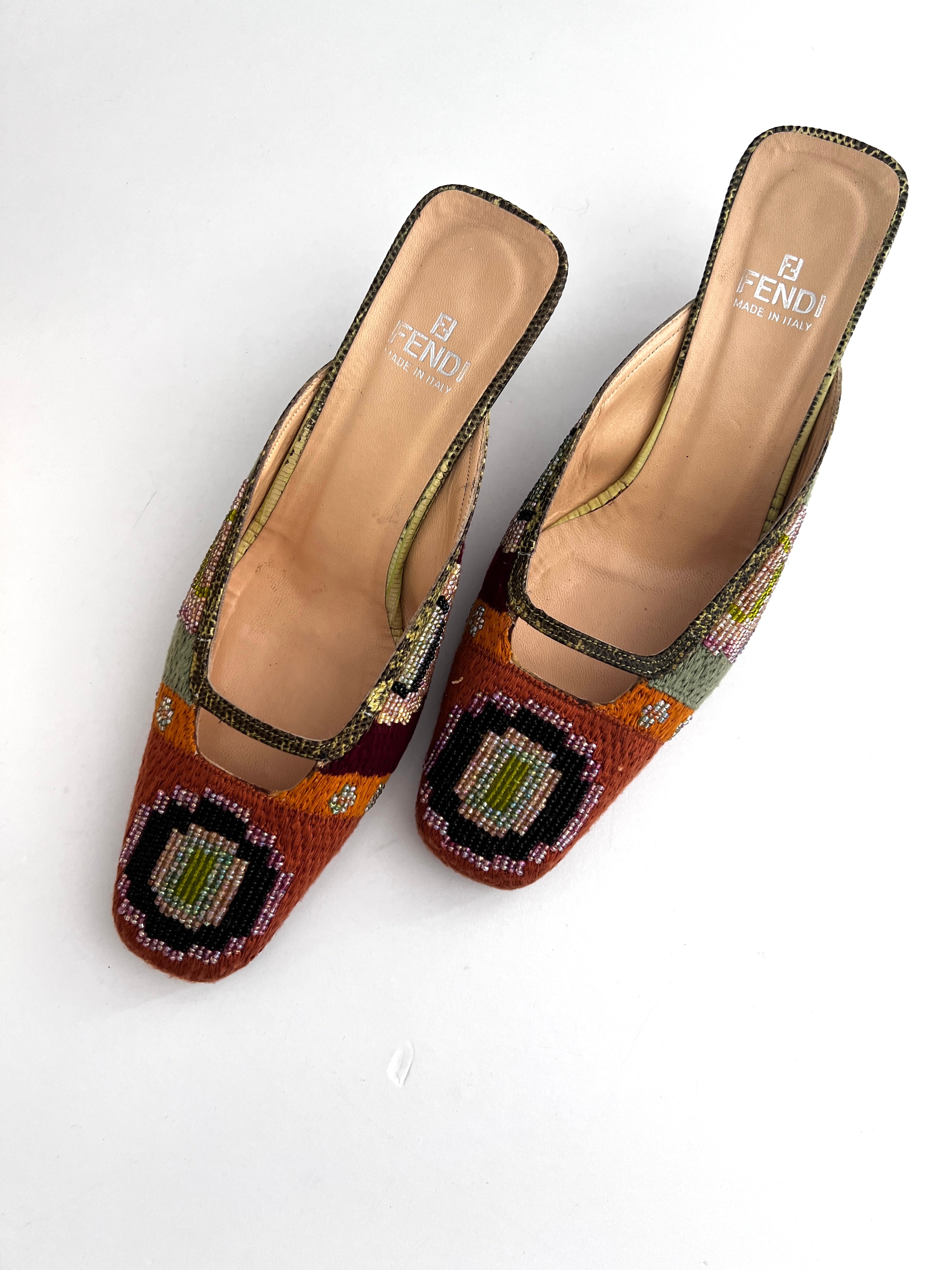 Vintage Fendi Boho Beaded Mule Heels - Women's Bohemian Style Sandals for Summer Weddings & Beach Vacations