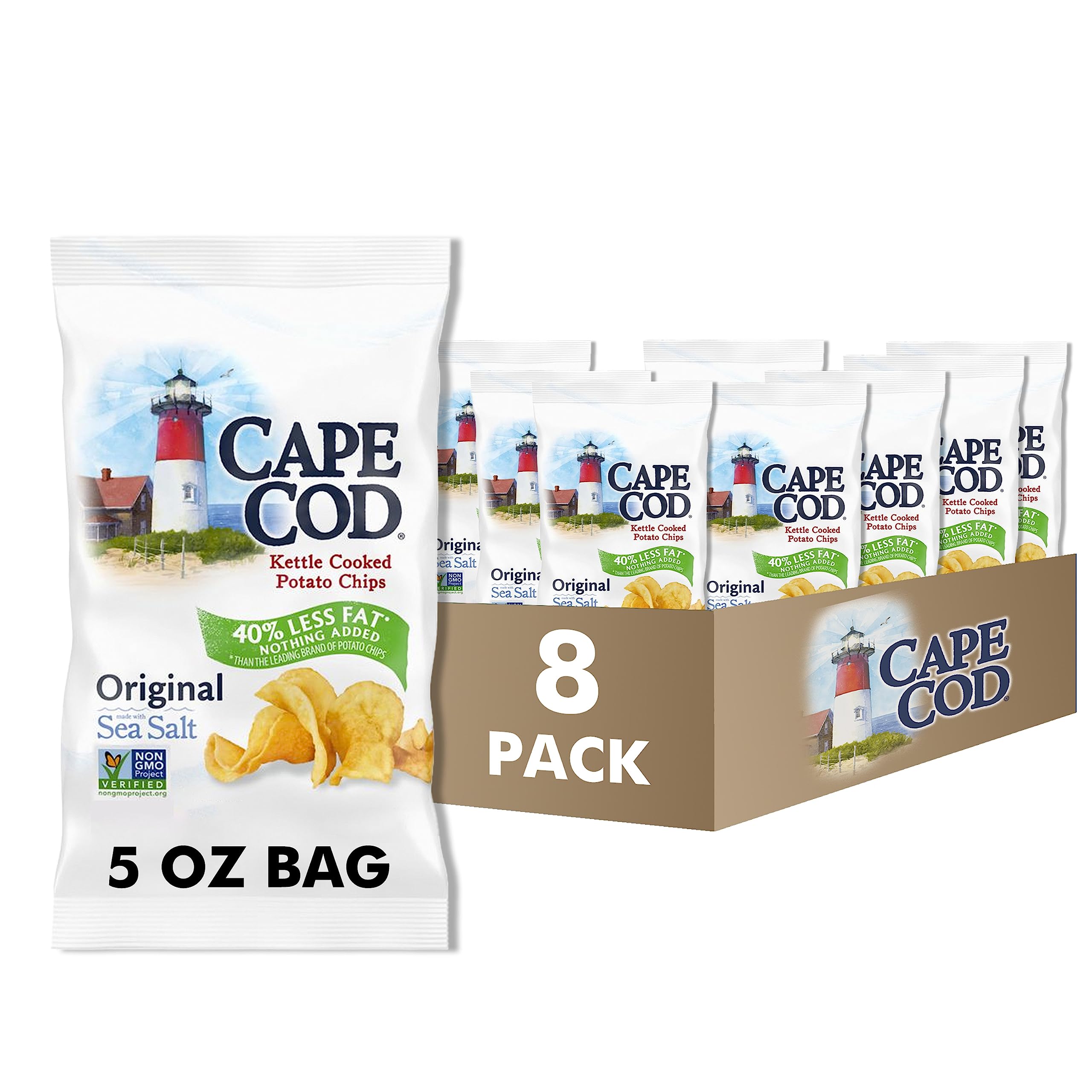 Original Kettle Cooked Cape Cod Potato Chips - Low Fat, 5 Oz (Pack of 8) | Healthy Snack for Parties, Picnics & Movie Nights