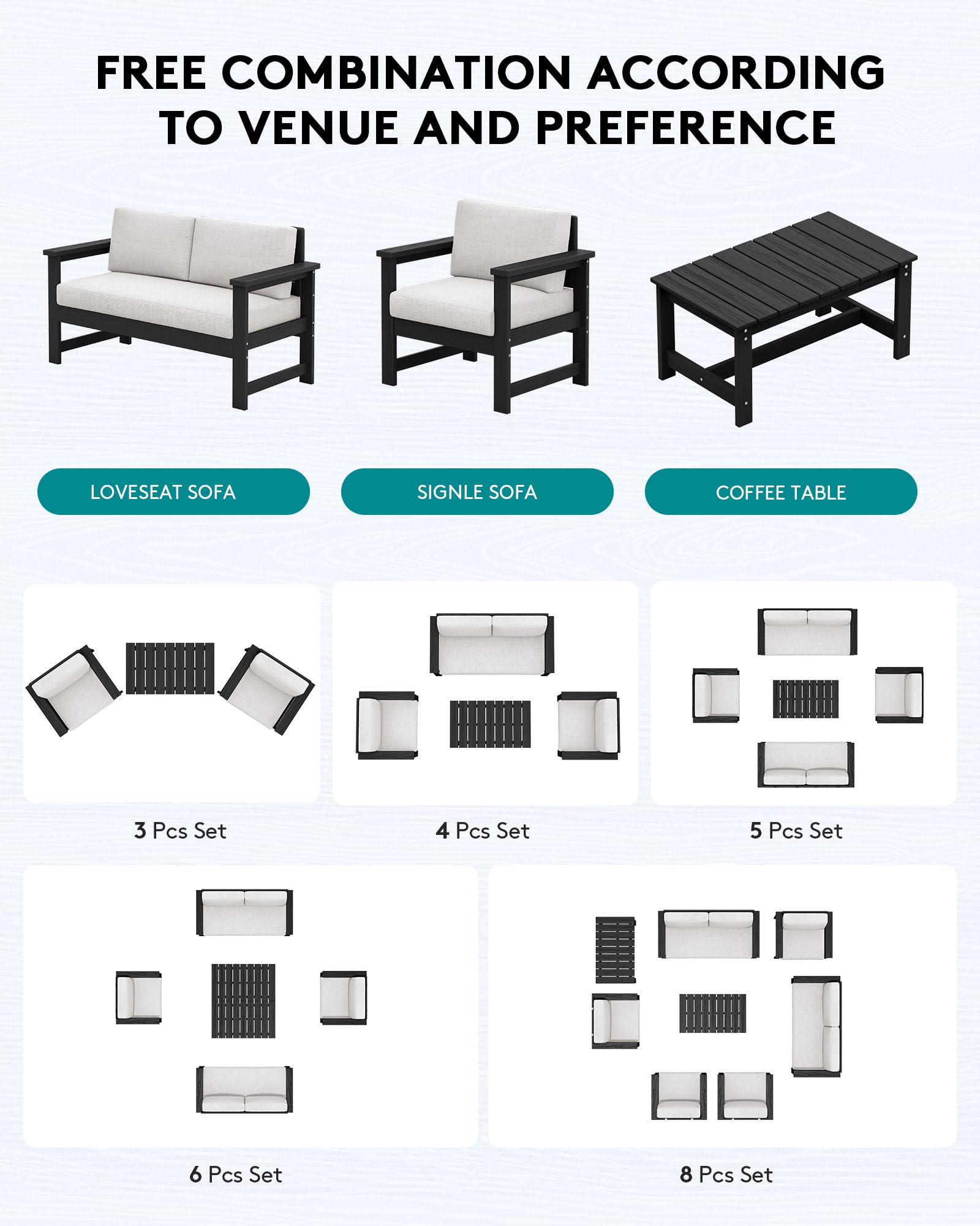 SERWALL 4-Piece Outdoor Patio Furniture Set - All-Weather HDPE Loveseat Sofa with Cushions & Coffee Table, Black Frame & Khaki Cushions for Garden, Deck, Backyard or Poolside Relaxation