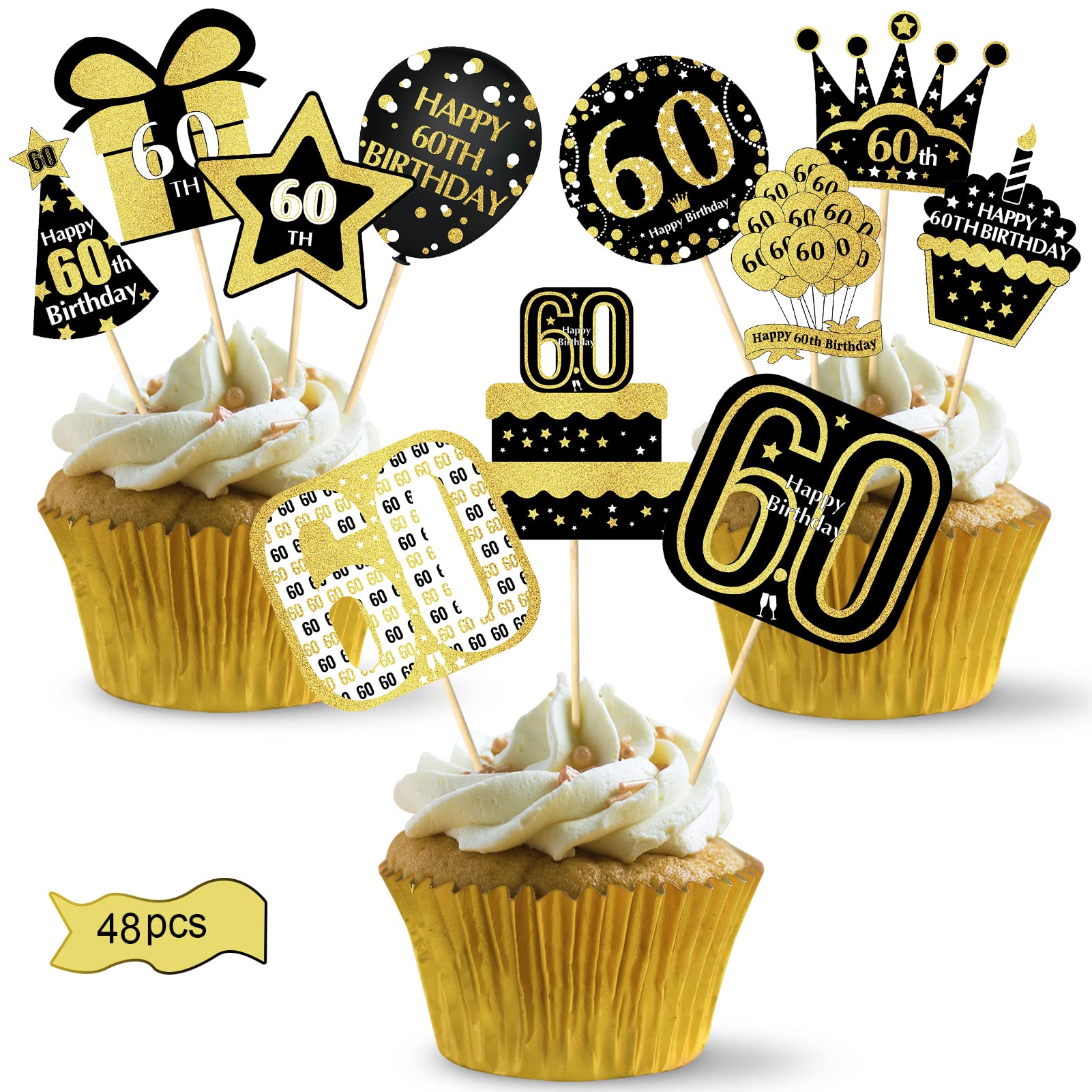 48pcs Gold 60th Birthday Cupcake Toppers Decorations for Men & Women - Happy Sixty Birthday Cake Topper Party Supplies - Perfect for Anniversary Celebrations, Retirement Parties & Milestone Events