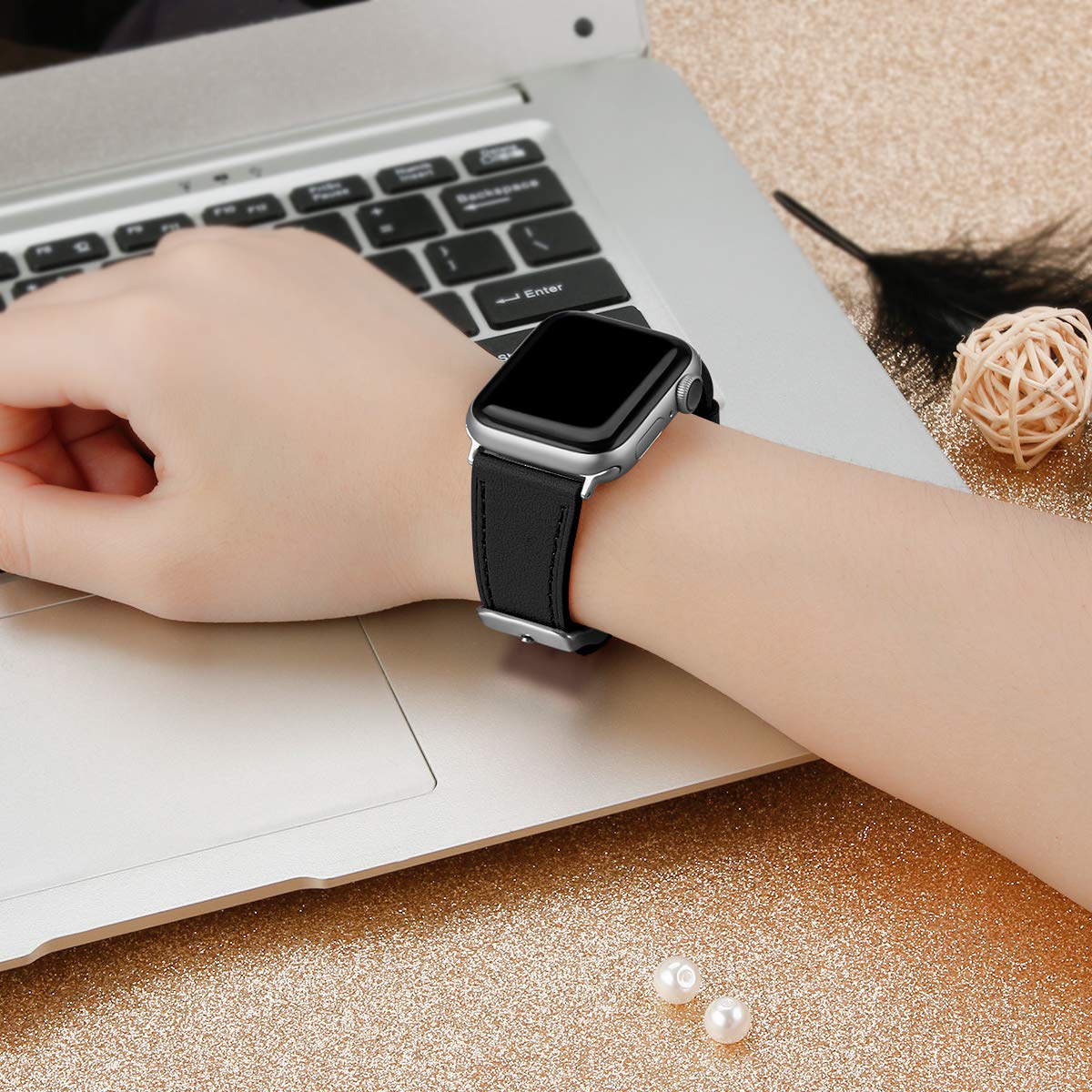 Genuine Leather Apple Watch Band 42mm 44mm - Premium Replacement Strap Compatible with iWatch Series 6/5/4/3/2/1 & SE - Soft Comfortable Watch Band for Men & Women - Perfect for Work, Gym & Everyday Wear