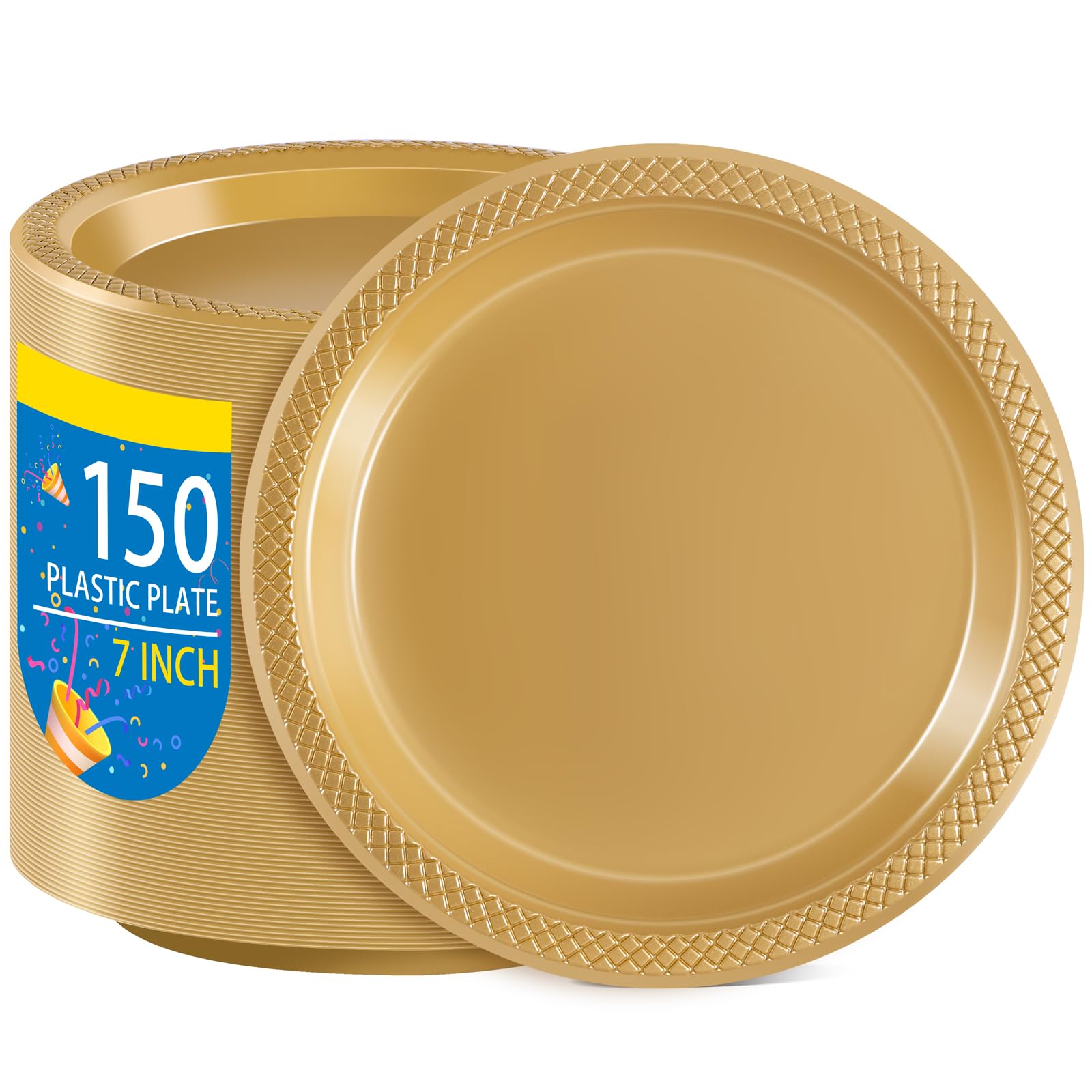 WELLIFE 7 Inch Gold Plastic Plates - 150 Count Disposable Dessert Plates for Party, Wedding, Birthday, Engagement - Elegant Cake, Appetizer & Salad Serving Plates for Special Occasions