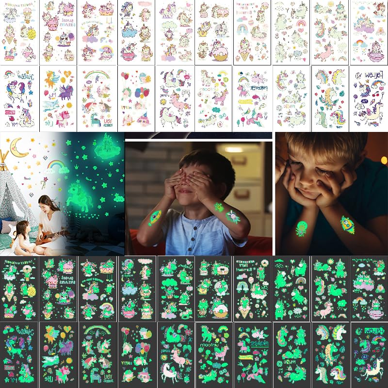 20 Sheets Glow in the Dark Temporary Tattoos for Kids - Waterproof Unicorn Tattoo Stickers for Girls, Boys Birthday Party Favors & Decorations - Perfect for Halloween, Costume Parties & Summer Fun