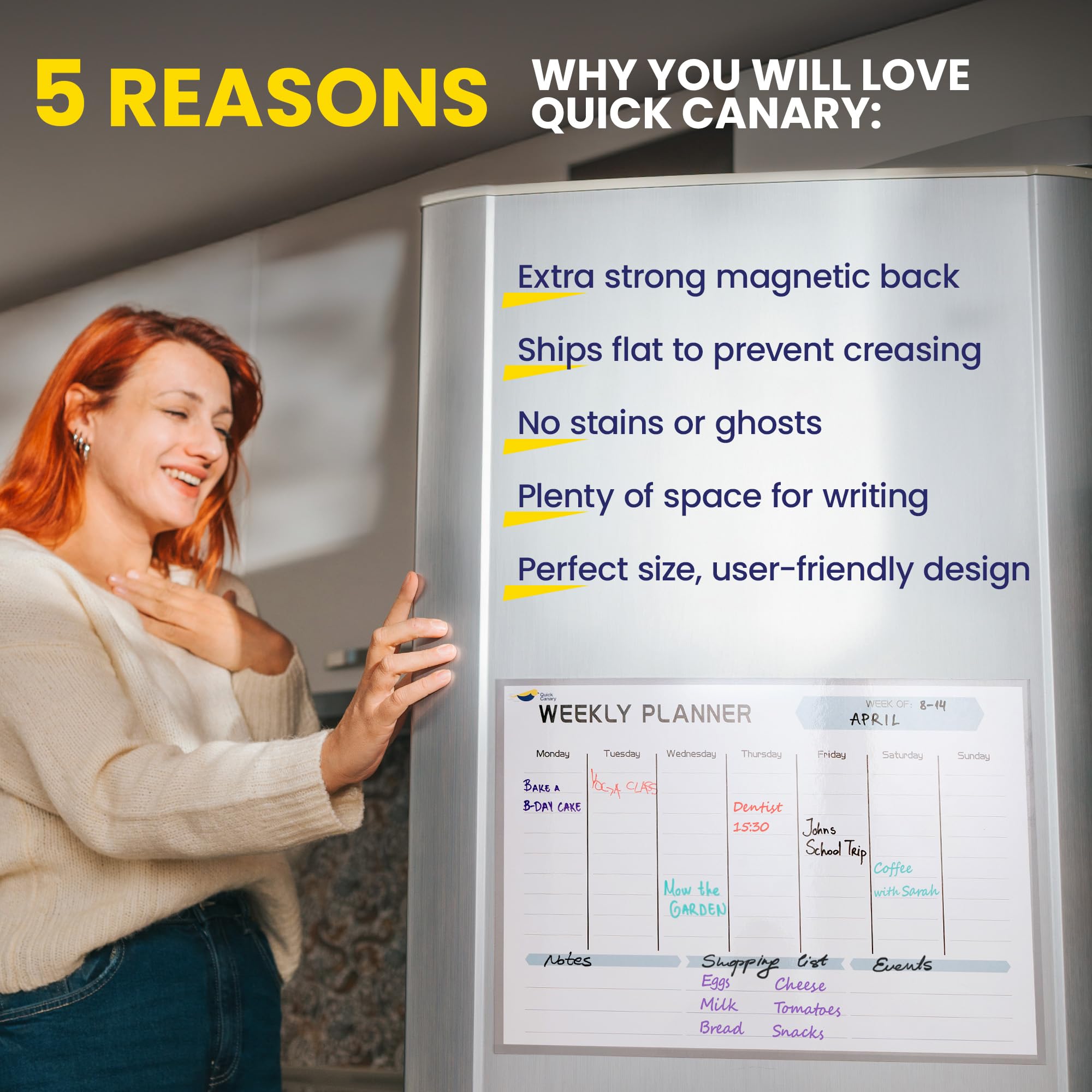 Quick Canary Magnetic Weekly Planner for Fridge - 17x12 Inch Dry Erase Board Calendar for 2025 Schedules, Meal Planning & Household Chores - Includes 4 Markers & Eraser - Perfect for Kitchen Organization & Family Scheduling
