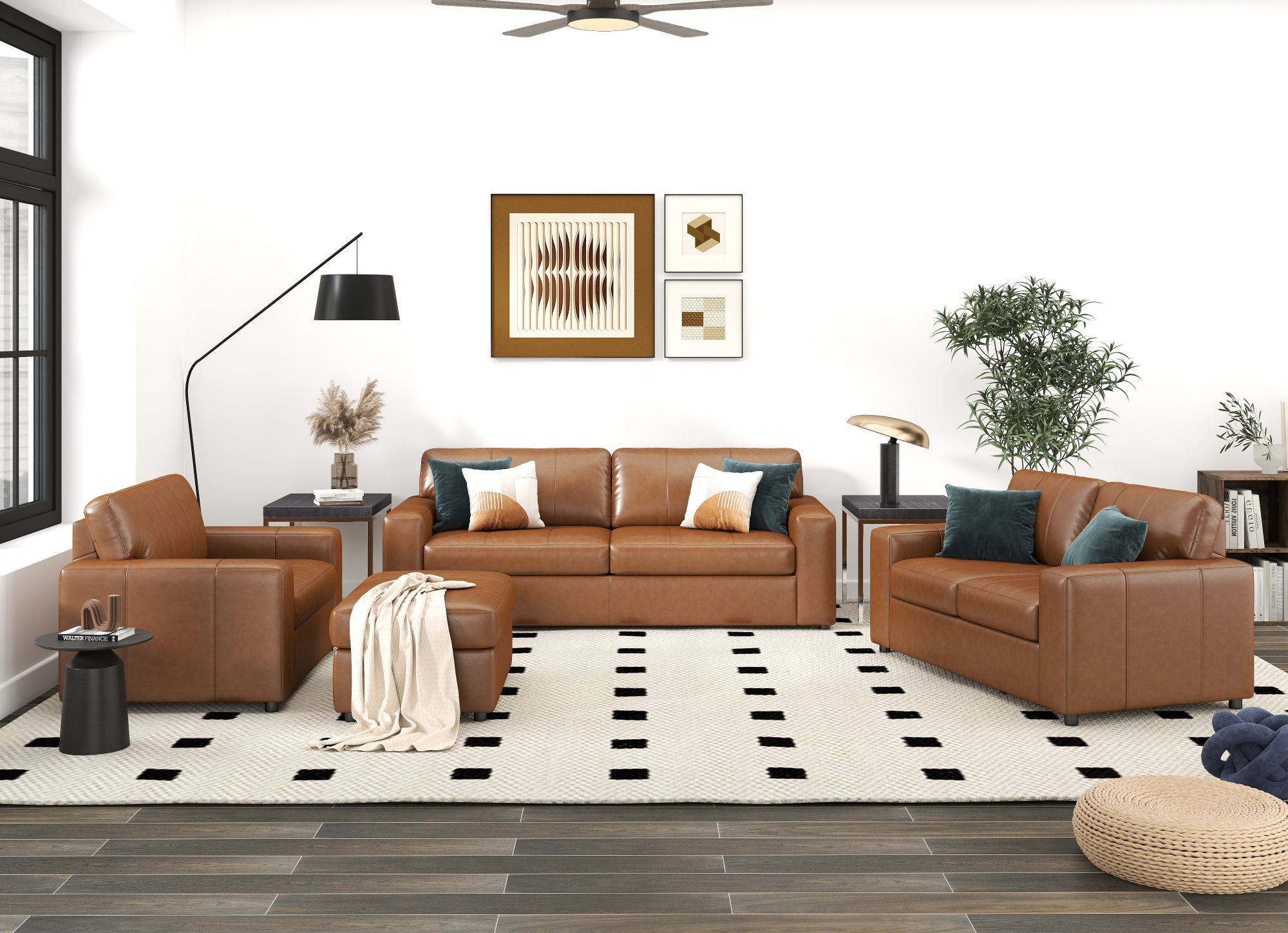 Roundhill Furniture Sakan Genuine Leather Upholstered Living Room Set - Sofa, Loveseat & Chair - Modern Sectional Couch for Home Theater, Family Room & Lounge Areas