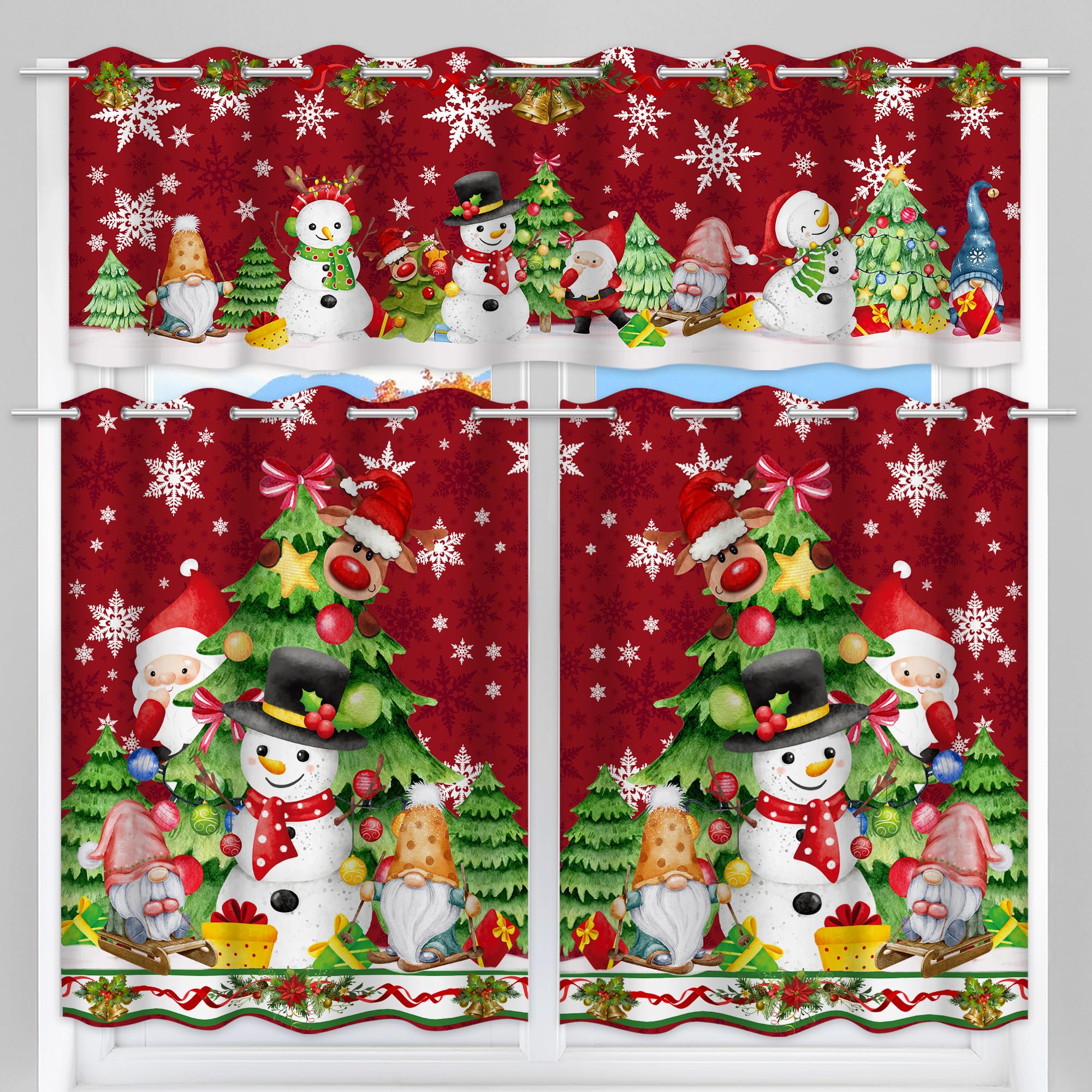 Christmas Kitchen Curtains Set of 3 - Festive Tree, Gnome & Snowflake Design with Valances, 36 Inch Short Window Curtains for Holiday Decor | Perfect for Winter Kitchen, Dining Room & Farmhouse Style Windows