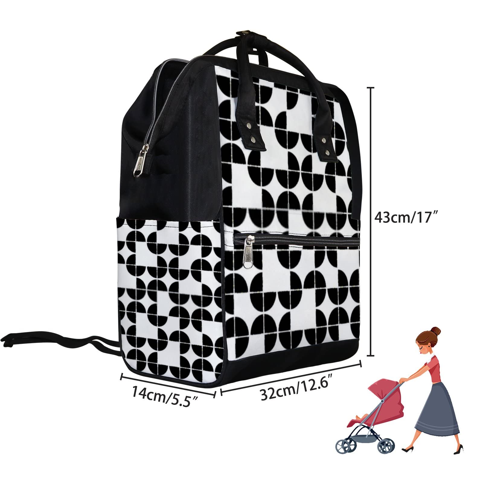 Retro Black and White Geometric Pattern Waterproof Diaper Backpack - Large Capacity Baby Nappy Bag for Travel, Work & Daily Use - Durable Unisex Laptop Backpack for Women & Men - Perfect for Parenting, Commuting and Outdoor Adventures