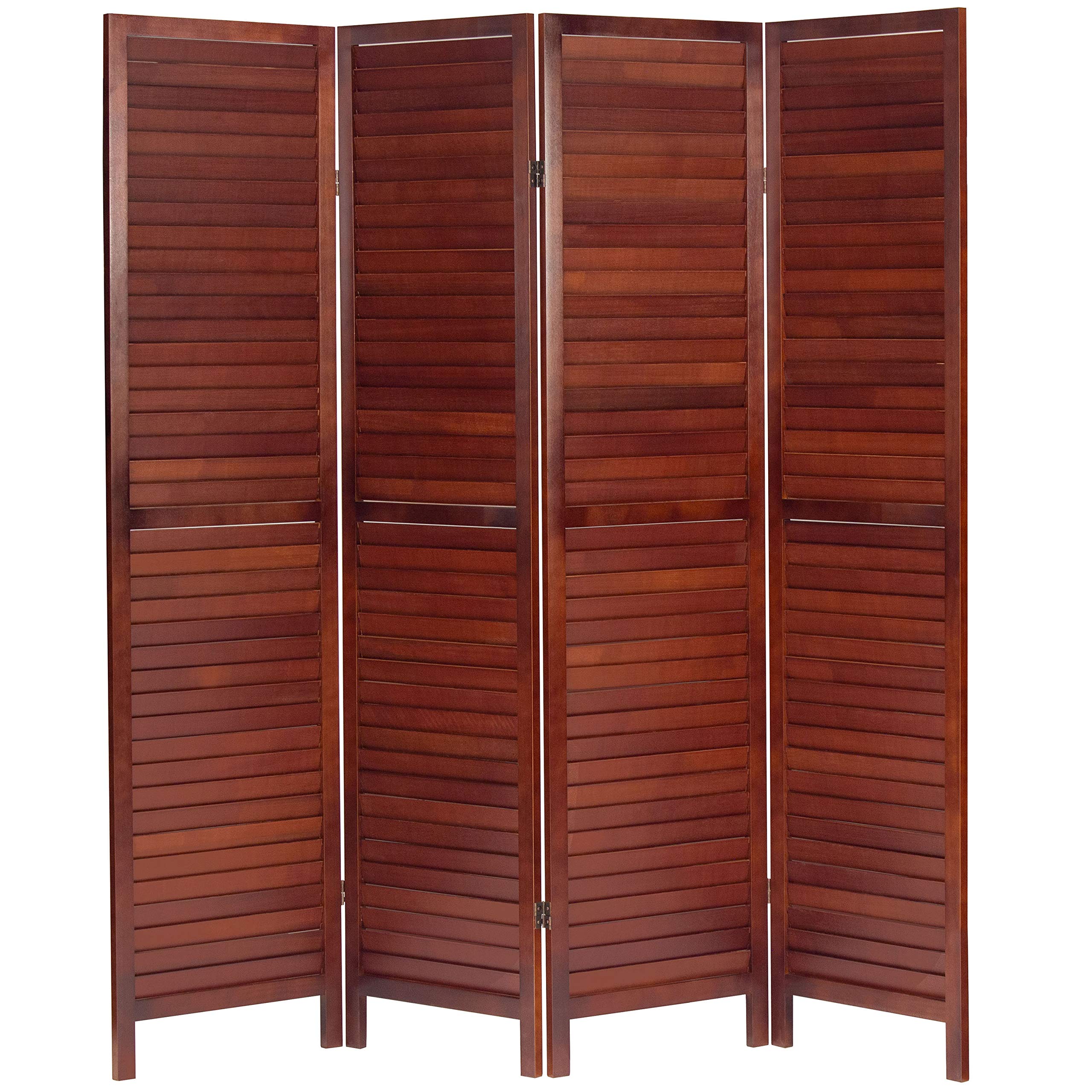 6 ft. Tall Walnut Wooden Louvered Room Divider - 4 Panel Folding Privacy Screen for Home Office, Living Room & Bedroom Separation