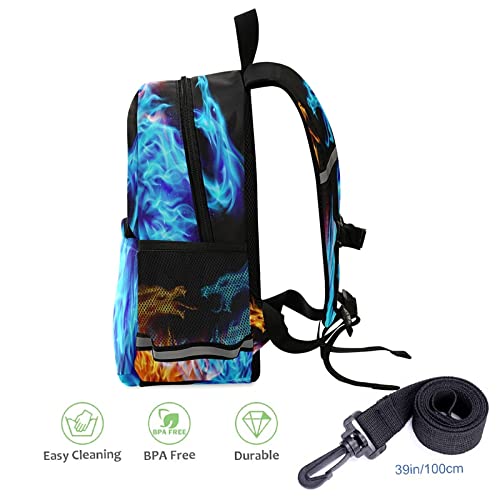 Fiery Dragons Toddler Backpack with Safety Leash - Blue & Red Kids School Bag for Boys & Girls | Preschool, Kindergarten, Travel & Nursery Essentials with Reflective Stripes & Chest Clip