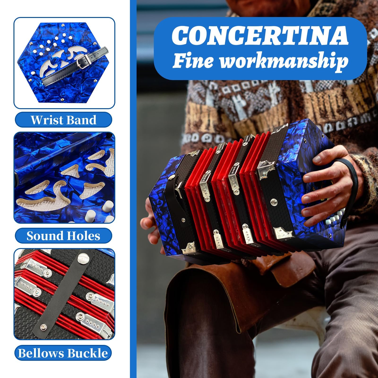20-Key Professional Concertina Accordion for Adults & Beginners - Adjustable Hand Straps, Blue - Perfect for Music Practice, Performances & Travel