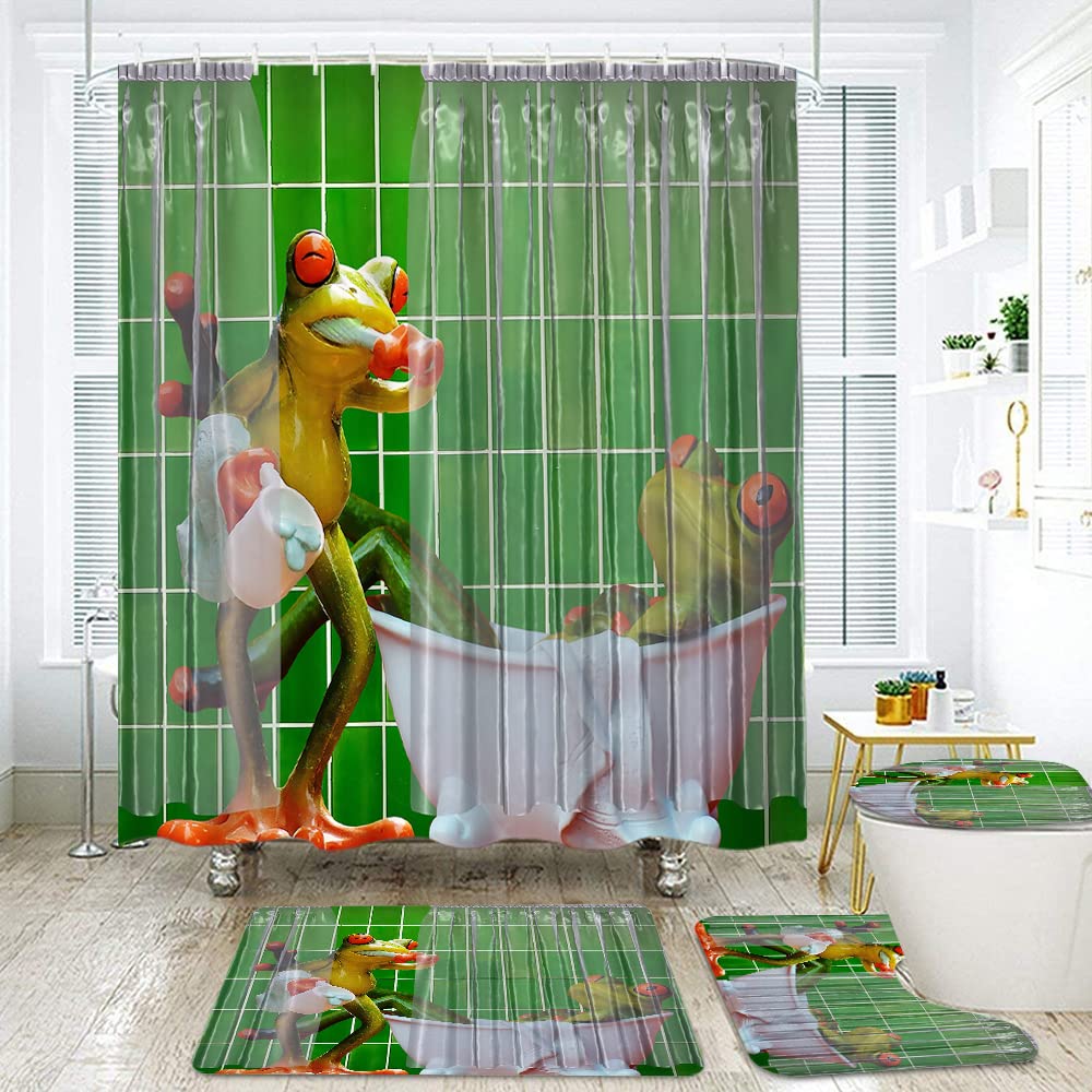 4Pcs Waterproof Bathroom Set - Non-Slip Shower Curtain with 12 Hooks, Toilet Lid Cover & Bath Mat - Funny Frog Couples Design for Bathroom Decor - Perfect for Home, Apartment & Guest Bathroom Use