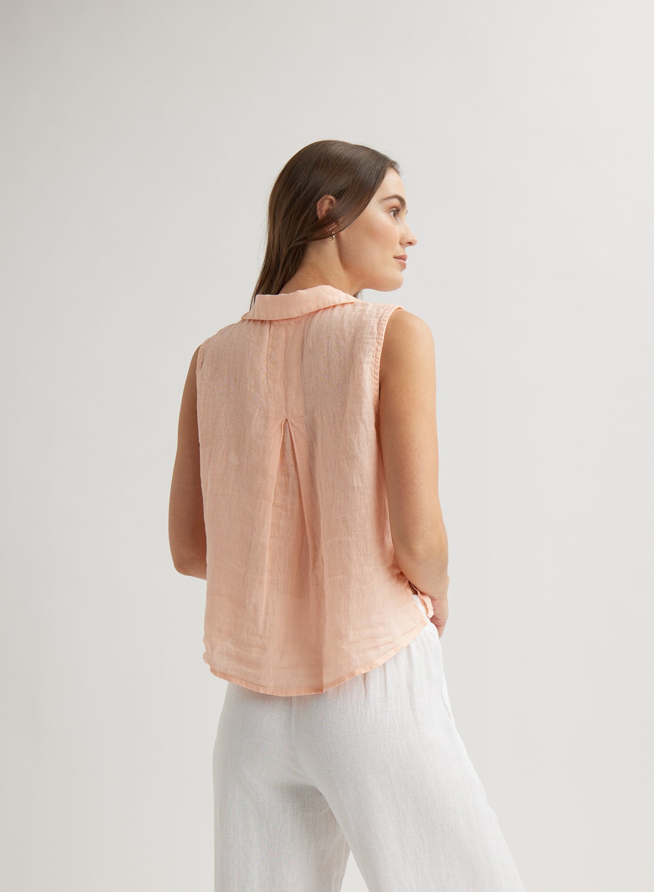 Linen Sleeveless Notch Collar Button Down Shirt for Women - Peach Fizz Color - Summer Casual Wear, Beach Outfits & Office Attire
