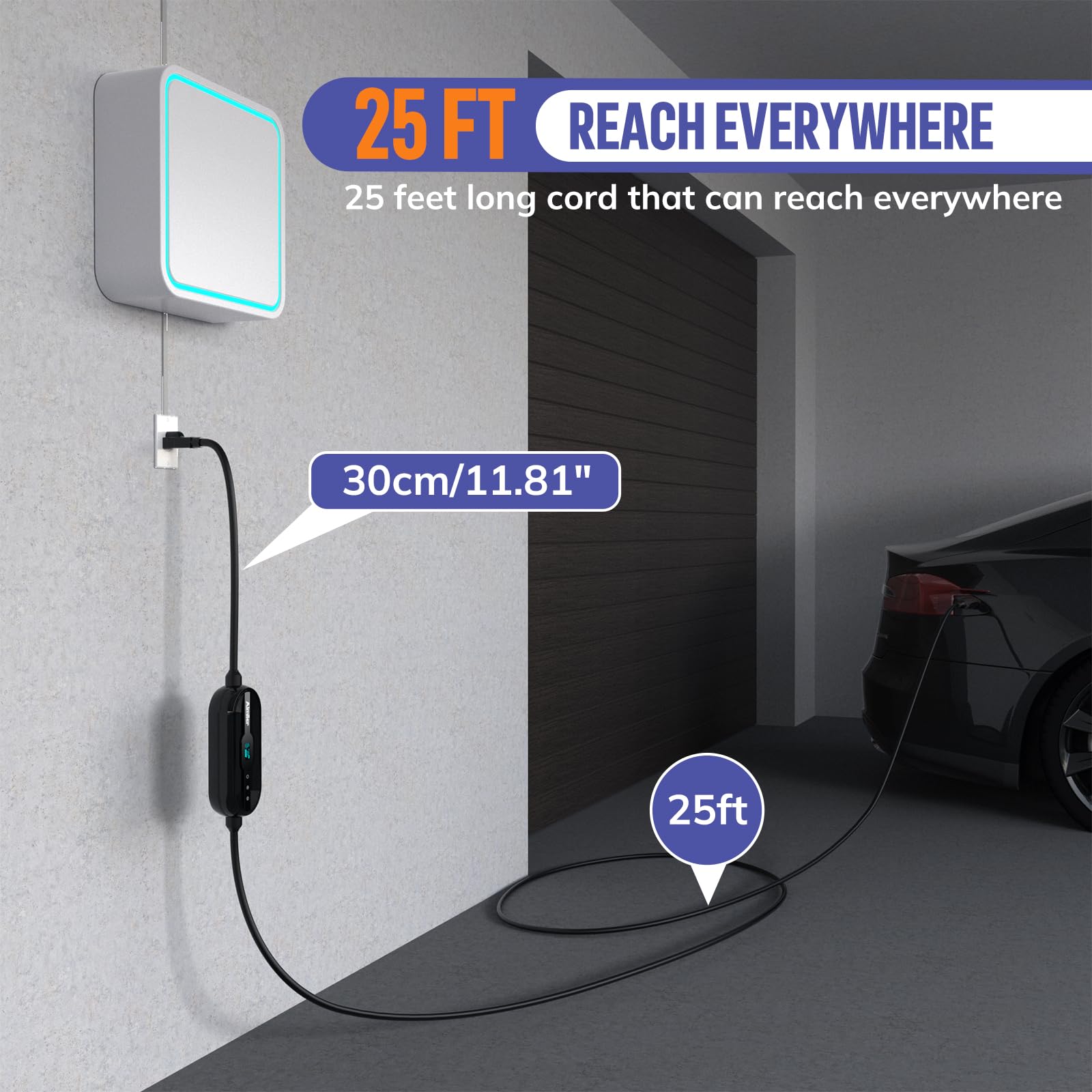 Level 1/2 Tesla Charger with WiFi APP Control - 16Amp, 240V NEMA 6-20 Plug & 120V NEMA 5-15 Adapter - 25ft ETL Certified Cord - Portable EV Charger for Tesla Model X/Y/3/S - Perfect for Home, Garage & Road Trips