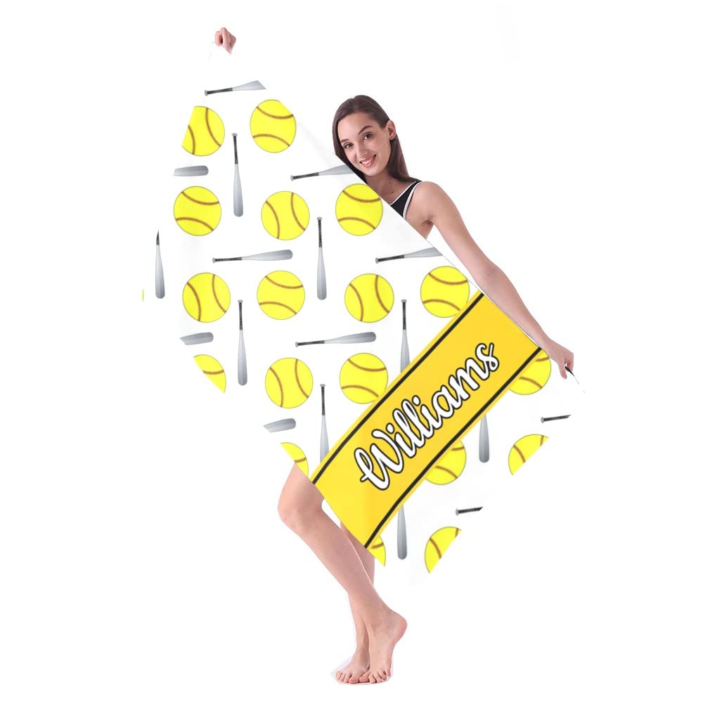 Custom Name Beach Towel - Softball Pattern Quick Dry Absorbent Microfiber Pool & Bath Towel (30x60 inches) - Sand Proof for Kids, Girls, Boys & Adults - Perfect for Beach, Pool, Gym & Outdoor Activities