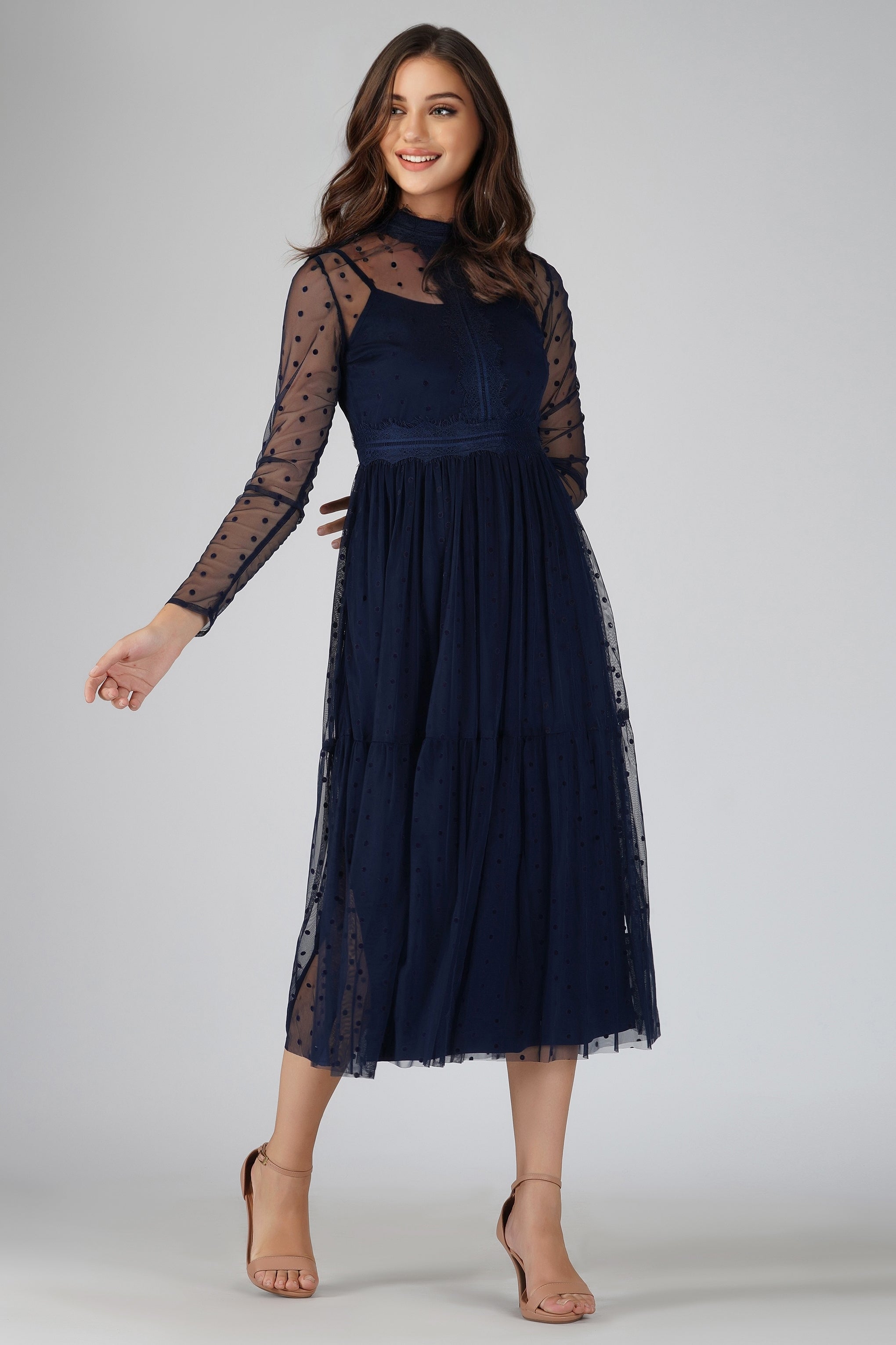 Roman Lola Navy Blue Polka Dot Midi Dress - Flowy Summer Dress for Women, Perfect for Beach Vacations, Brunch Dates & Casual Outings