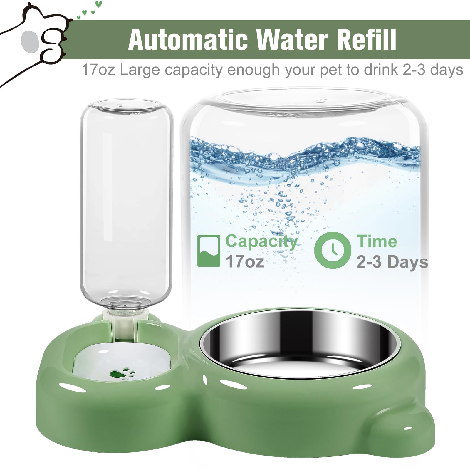 Stainless Steel Cat & Dog Bowls Set with Water Dispenser - Non-Slip Pet Food & Water Dishes for Small Dogs & Cats - Perfect for Home, Travel & Outdoor Use (Green)
