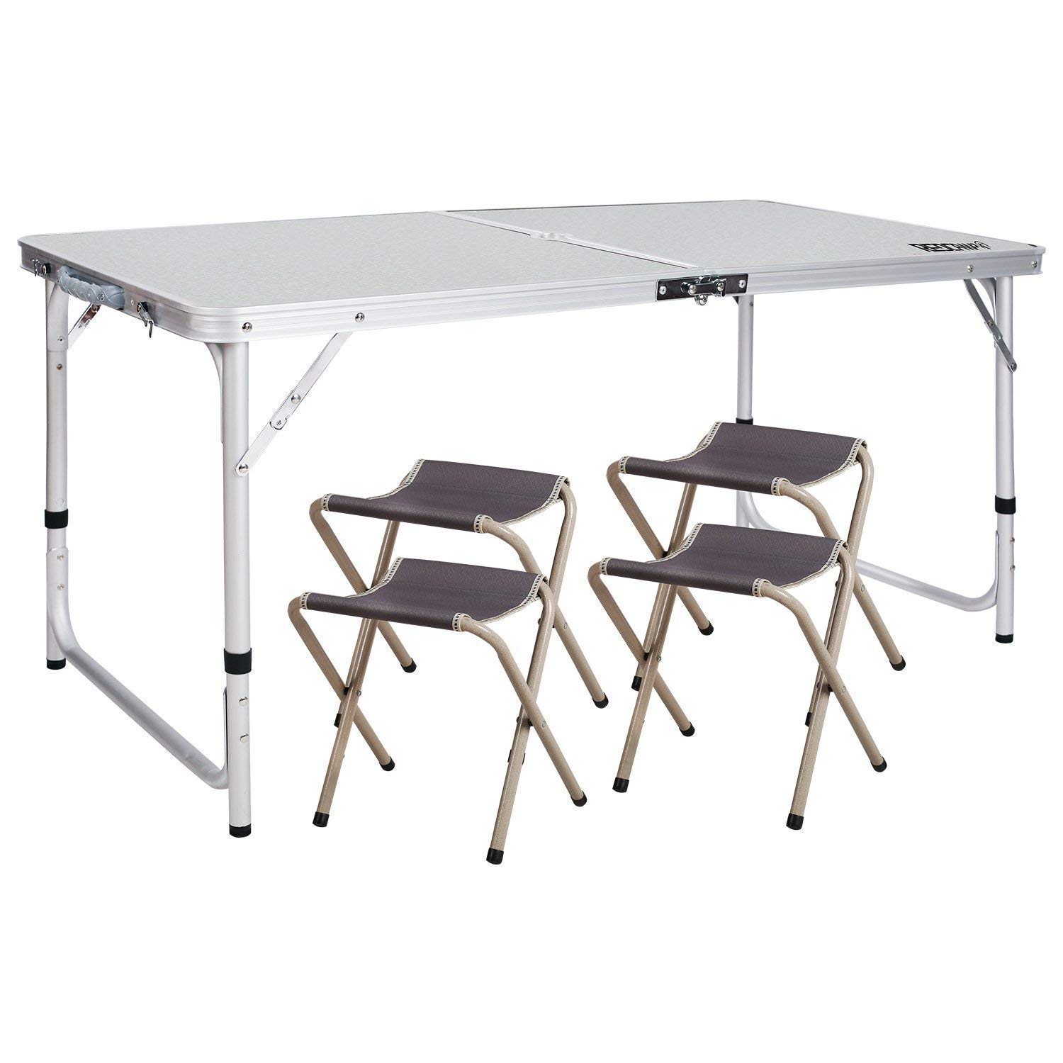 REDCAMP 4ft Folding Picnic Table with 4 Stools - Lightweight Portable Outdoor Camping Table Set with Adjustable Height Aluminum Legs (White) - Perfect for Backyard BBQ, Beach Parties & Tailgating