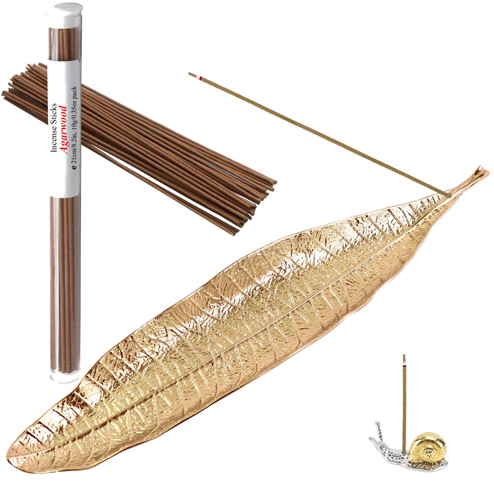 U-MATE Alloy Lucky Leaf & Cute Snail Incense Stick Holder Burner with Ash Catcher - Oriental Aroma Kodo Set for Home Decor, Meditation, Yoga & SPA (Gold) - Perfect for Relaxation, Zen Spaces & Aromatherapy