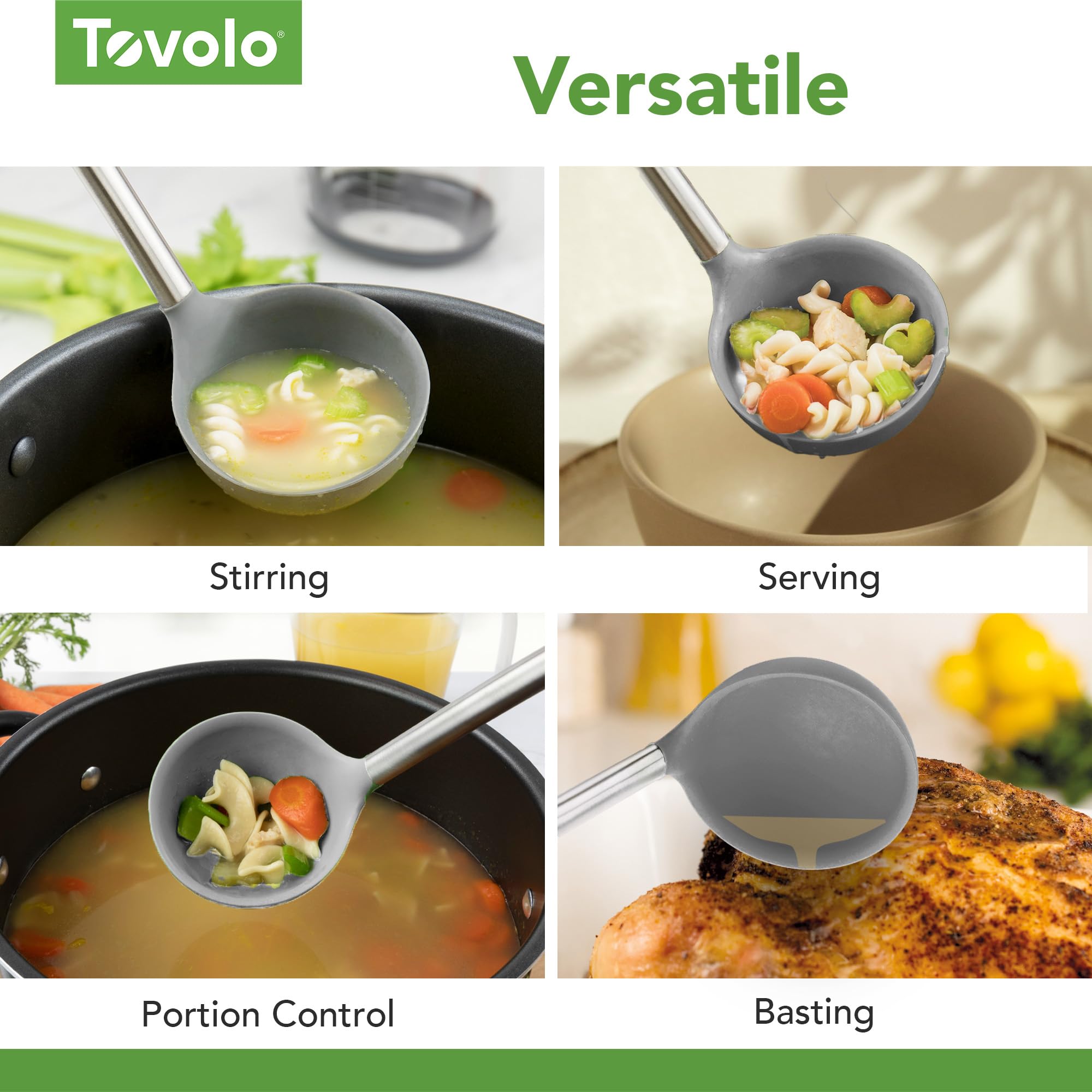 Tovolo Silicone Ladle with Stainless Steel Handle & Reinforced Nylon Core - Deep Kitchen Spoon for Soup, Stew, Sauce, Punch - Heat-Resistant & Durable Cooking Utensil (Oyster Gray) - Perfect for Serving, Mixing & Food Preparation