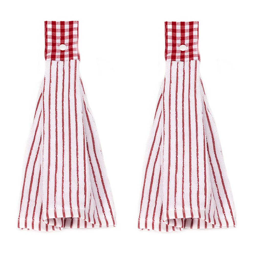 2 Pack Classic Striped Cotton Kitchen Towels - Super Absorbent, Hanging Hand Towels for Drying Dishes & Hands (Red Stripes) - Perfect for Kitchen, Bathroom & Home Decor