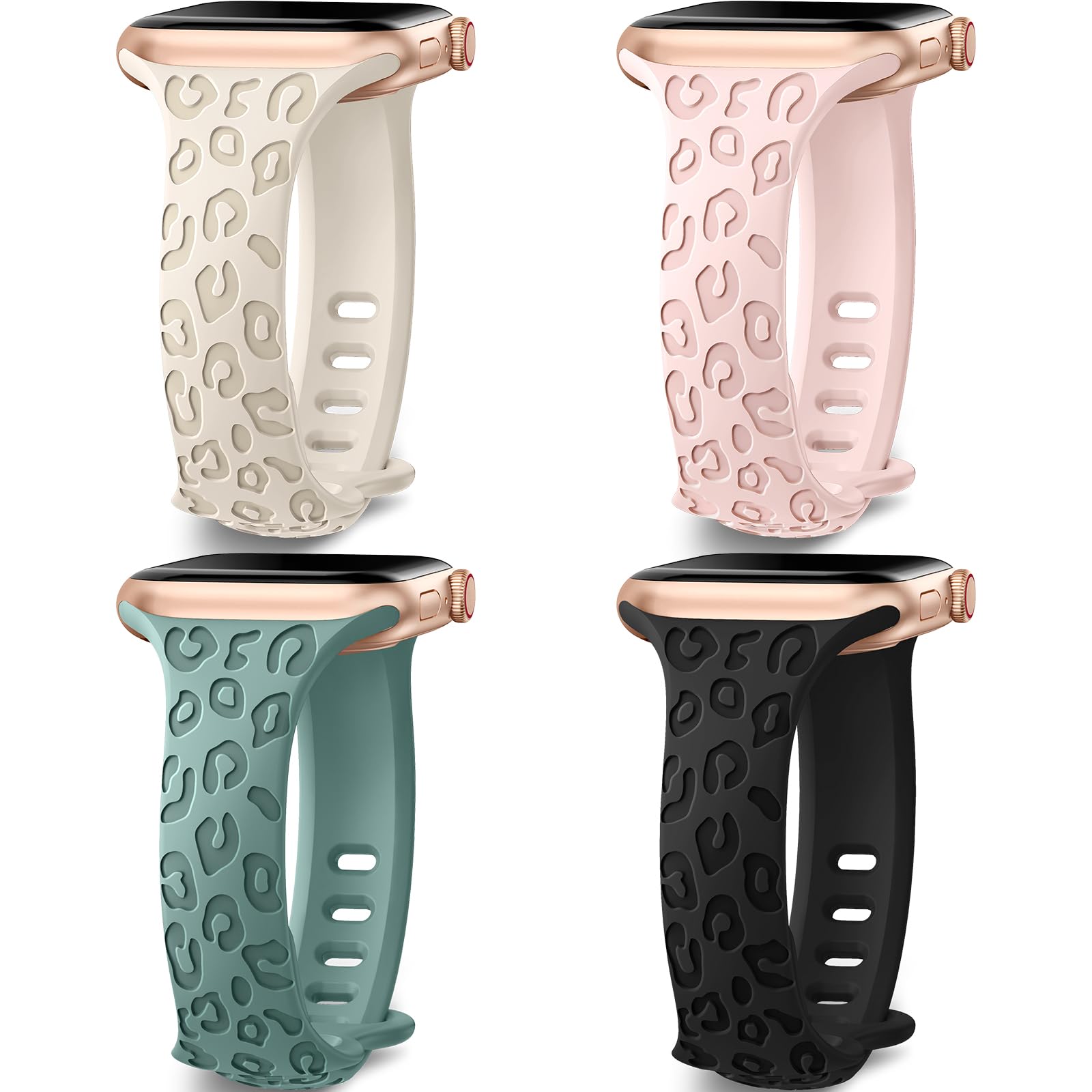 4-Pack Leopard Print Engraved Apple Watch Bands - Compatible with 38mm/40mm/41mm/42mm/44mm/45mm iWatch Series Ultra 2/9/8/7/6/5/4/3/2/1/SE - Slim Sport Wristbands for Women - Perfect for Workouts, Office & Casual Wear