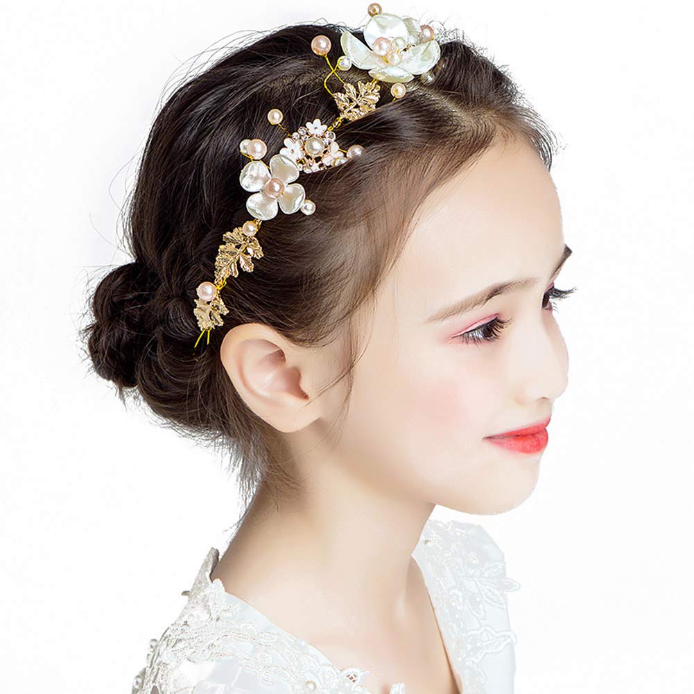 PRDGIRL Floral Pearl Tiara Headband for Girls & Women - Gold Wedding Hair Accessories for Flower Girls, Bridesmaids, First Communion, Princess & Bridal Events - Elegant Headpiece for Special Occasions