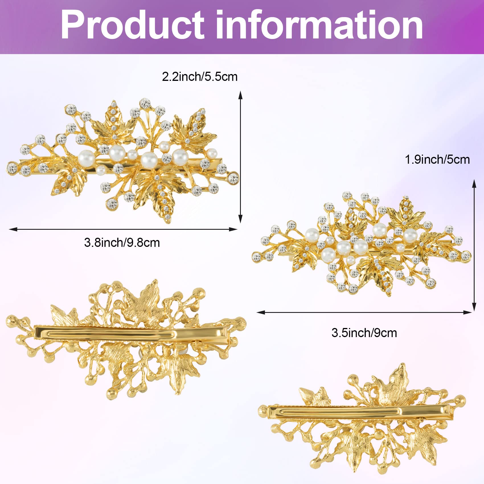 PAGOW 2Pcs Rhinestone Pearl Hair Clips - Gold Leaf Crystal Flower Wedding Headpiece for Brides, Women & Girls | Perfect for Bridal Showers, Weddings, Prom & Special Occasions