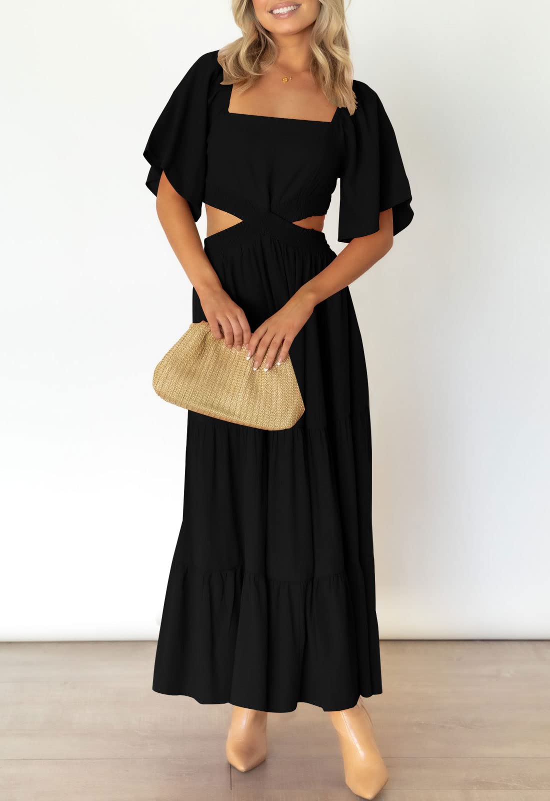 LEANI Women's 2025 Summer Cutout Maxi Dress - Square Neck, Short Sleeve, Crossover Waist Casual Party Dress for Beach, Wedding & Evening Events | Flowy Boho Chic Style