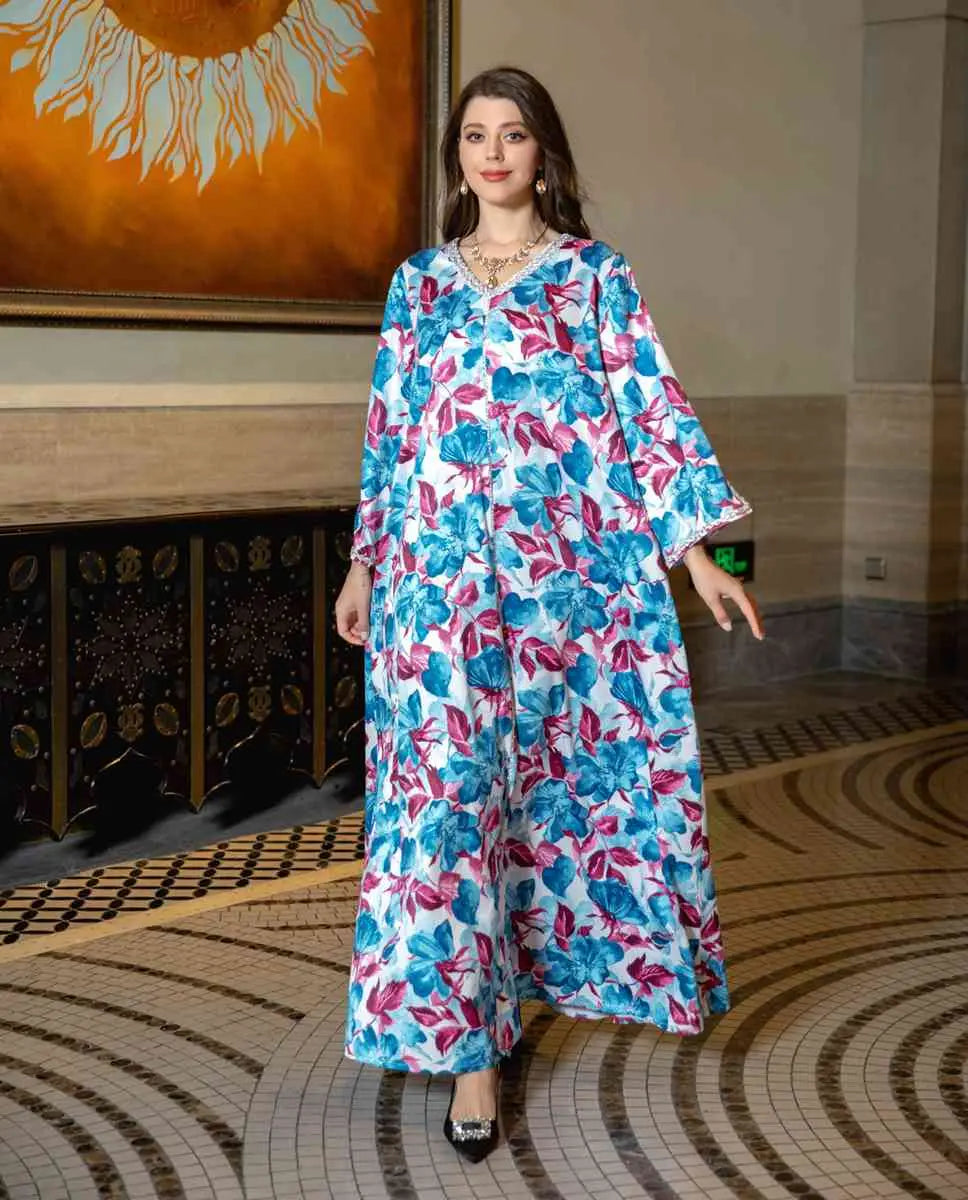 Elegant Hotfix Rhinestone Printed Caftan Kaftan Dress for Women - Perfect for Eid Celebrations, Parties & Special Occasions