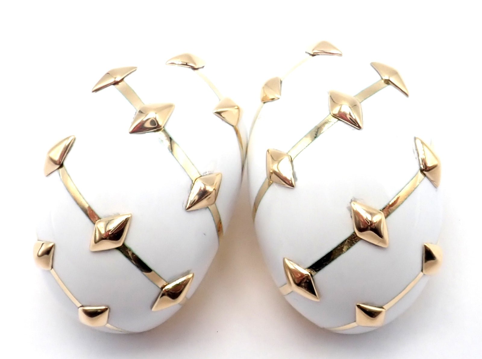 Tiffany & Co Schlumberger Dot Losange 18k Yellow Gold White Enamel Hoop Earrings | Luxury Designer Jewelry for Women | Perfect for Parties, Weddings & Special Occasions
