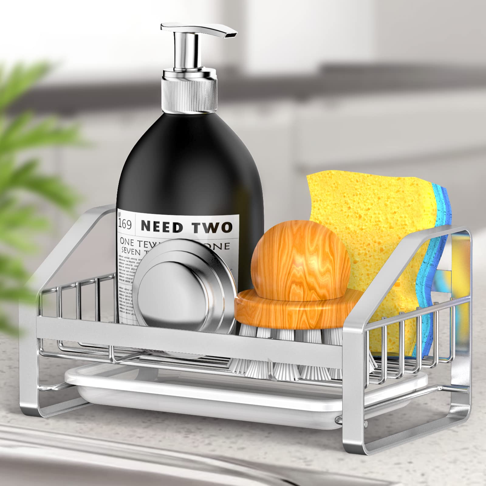 BSKSSK Stainless Steel Sink Caddy & Sponge Holder - 304 Stainless Steel Kitchen & Bathroom Sink Organizer with Removable Drain Tray - Countertop Soap Dish for Kitchen Organization (Silver) | Perfect for Small Spaces, RV, Apartment & Dorm Use