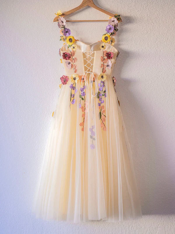 Elegant Champagne Floral Tulle Party Dress - A-Line Homecoming Dress for Women (Style J3880) | Perfect for Prom, Wedding Guest, Cocktail Party & Special Occasions