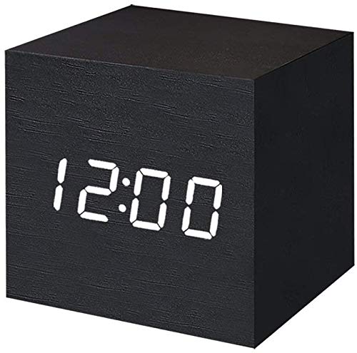 KORADA Digital Alarm Clock with LED Display - Wooden Modern Cube Desk Clock Shows Time, Date & Temperature - Perfect for Kids, Bedroom, Home, Dorm, Travel & Office Use (Black)