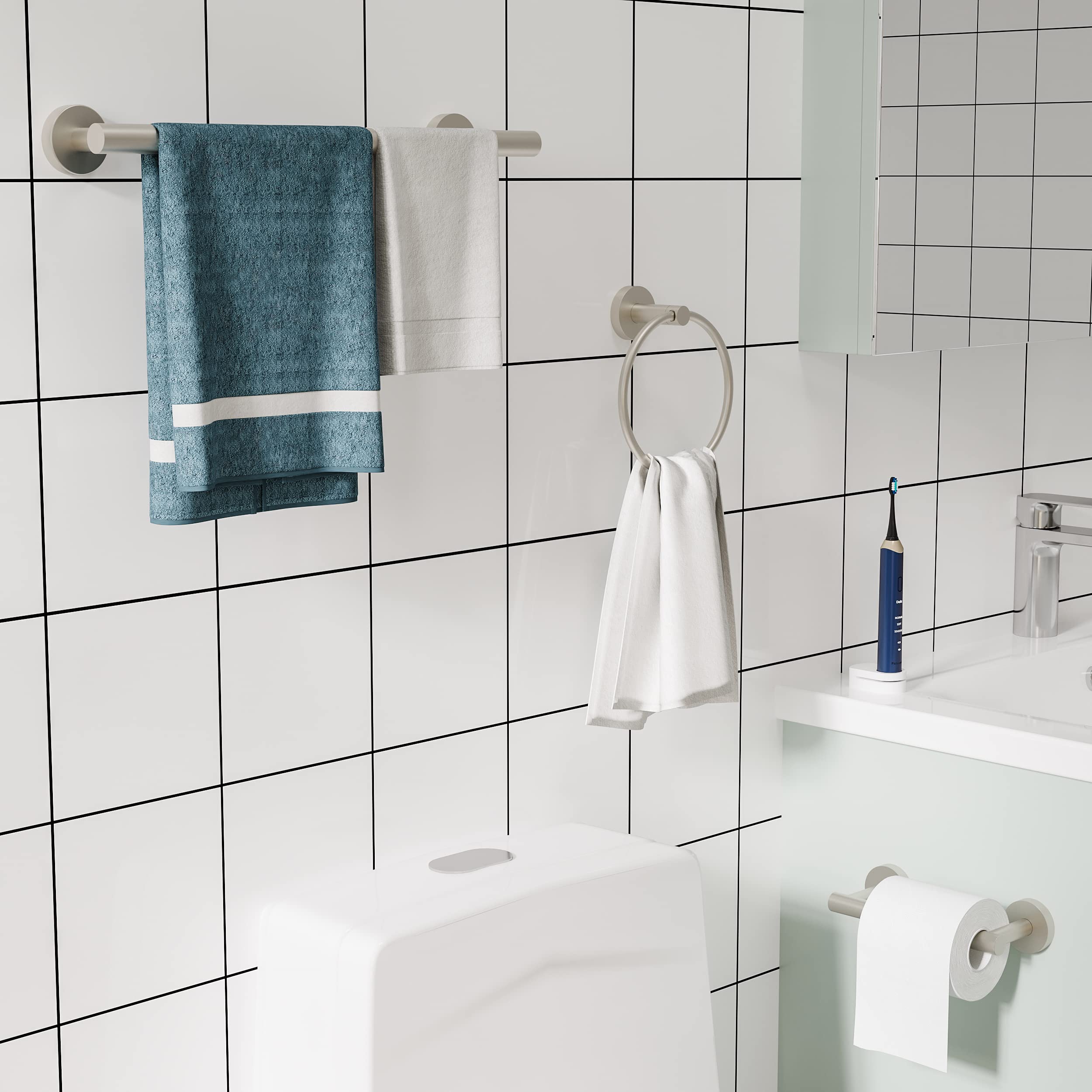 3pc Brushed SUS304 Stainless Steel Bathroom Set - Toilet Paper Holder, Towel Ring & Bar for Modern Bathrooms