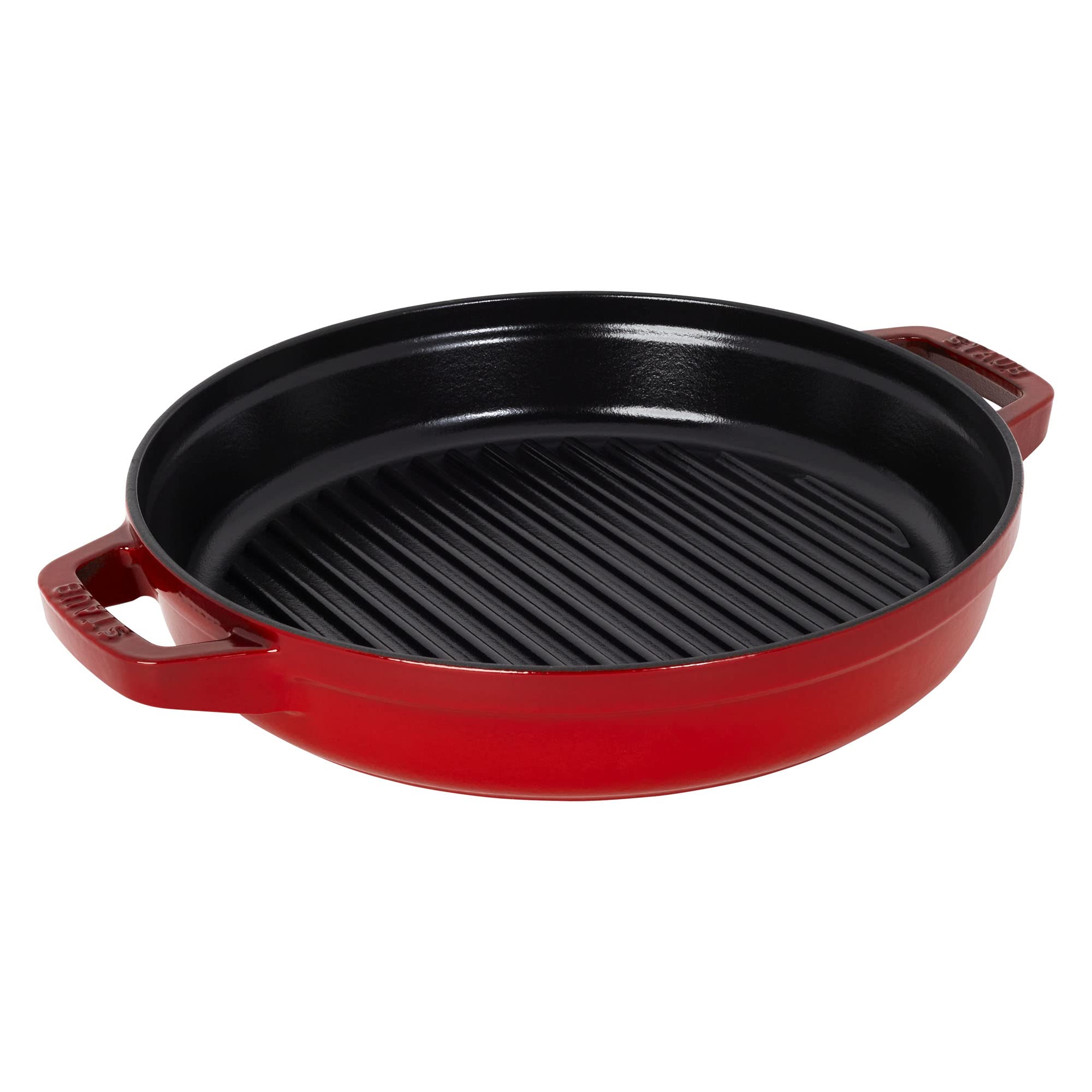STAUB 4-Piece Cast Iron Cookware Set - Stackable Dutch Oven, Skillet & Grill Pan with Universal Lid - Premium French-Made Cherry Red Cookware for Baking, Roasting & Grilling - Perfect for Home Kitchens & Outdoor Cooking