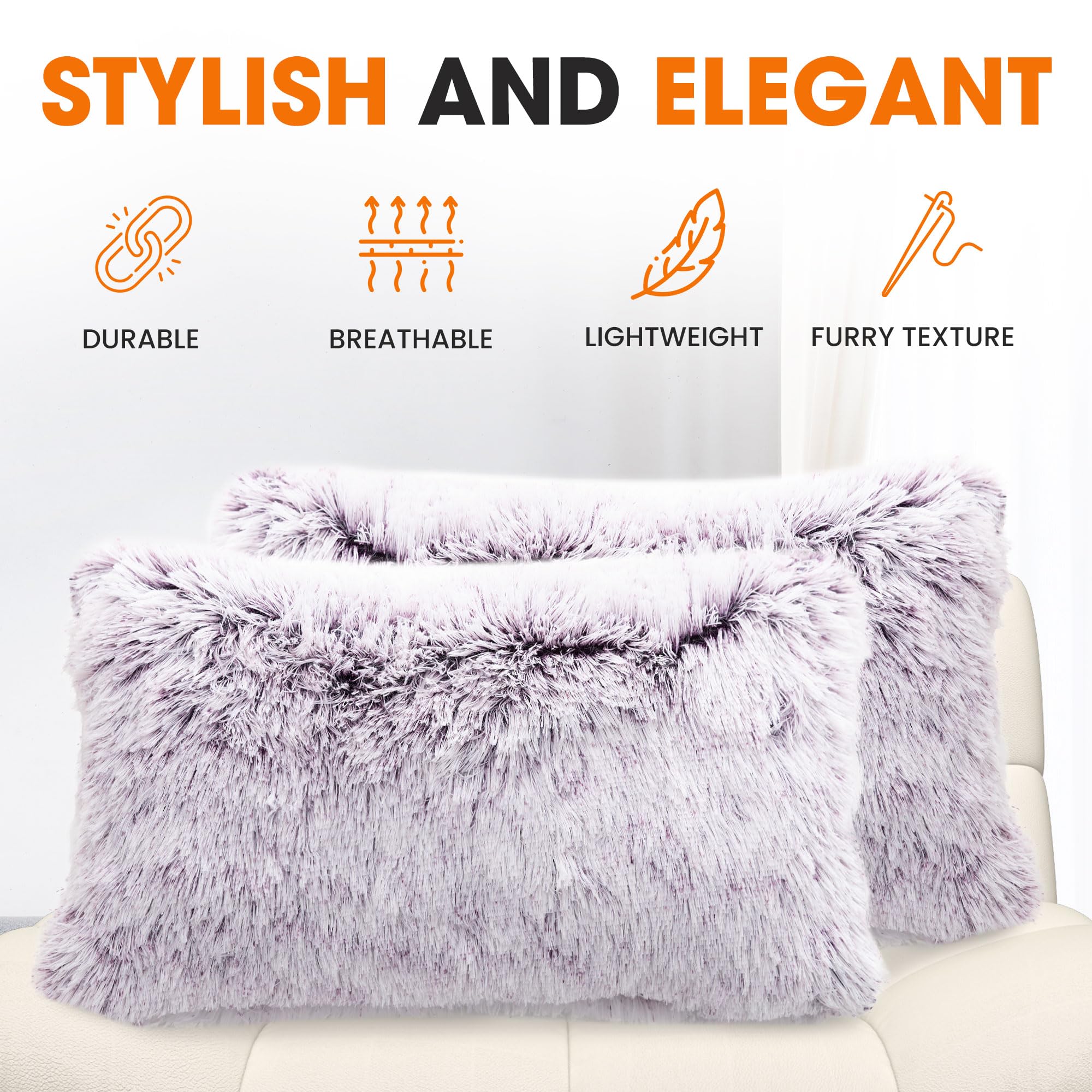 Soft Shaggy Throw Pillows for Couch & Bed - 12x20 Inch Cozy Long Hair Faux Fur Decorative Pillows with Inserts Included (Set of 2, Purple) - Perfect for Living Room, Bedroom & Home Decor