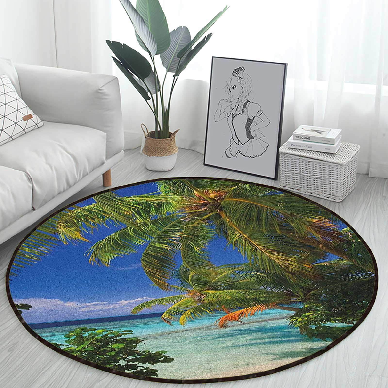 Sky Blue Green Round Coffee Table Rug - Soft Non-Slip Plant Pattern Cute Bedside Mat for Kids Room (3 ft Diameter) - Perfect for Nursery Decor, Living Room Accent & Play Area Floor Covering