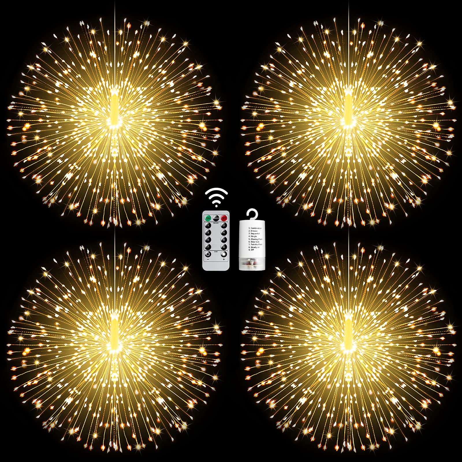 225 LED 8 Modes Dimmable String Lights with Remote Control - 4 Pack Waterproof Copper Wire Fairy Lights for Christmas, Party, Patio & Garden Decoration - Warm White Starry Lights for Indoor & Outdoor Use