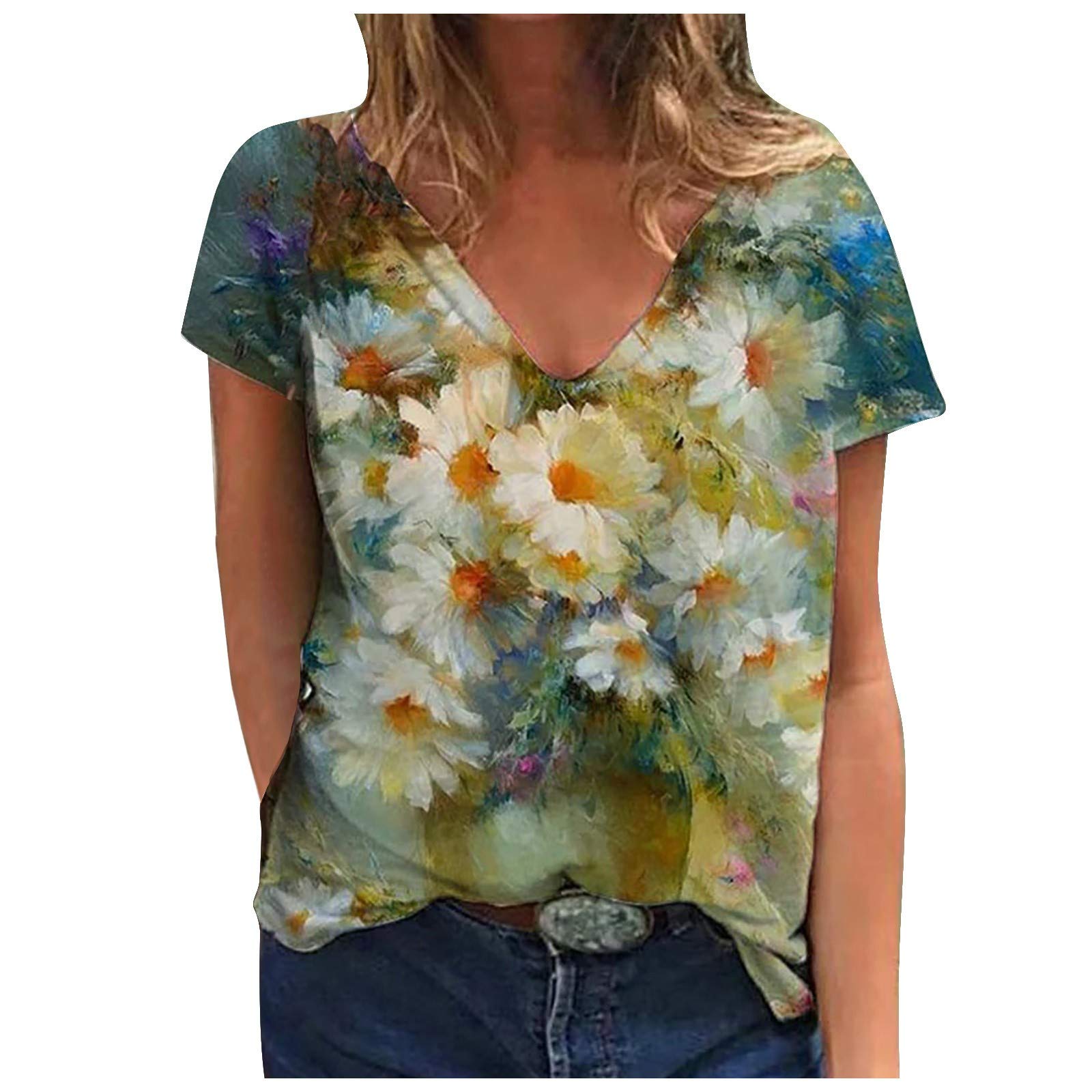 Stylish Women's Short Sleeve V-Neck T-Shirts - Cute Printed Casual Blouses & Loose Fit Graphic Tees for Summer | Perfect for Everyday Wear, Weekend Outings & Vacation Outfits