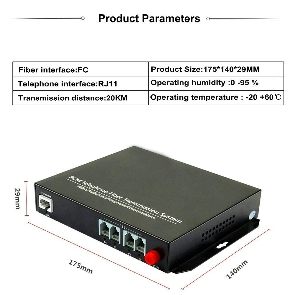 1 Pair 4 Channel PCM Voice Telephone Fiber Optic Media Converter - Single Mode FC Port with 10/100M Ethernet - Caller ID & FAX Support - Ideal for Office Telecom Systems & Long-Distance Communication
