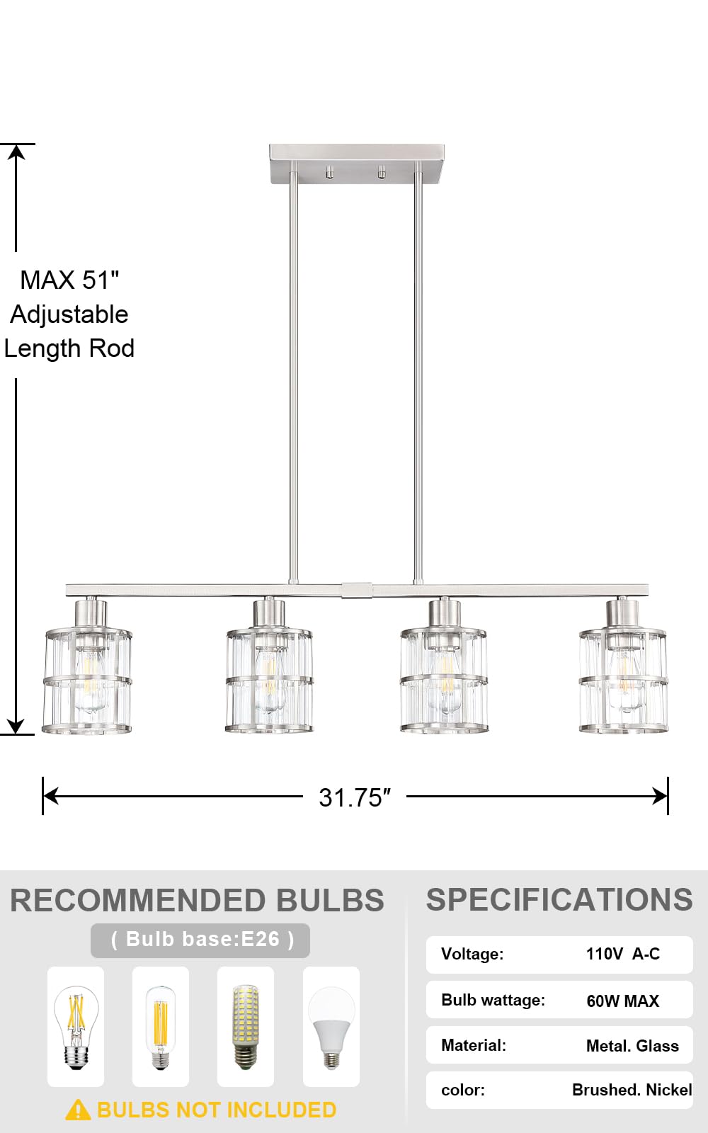 Modern 4-Light Brushed Nickel Pendant Chandelier - Clear Glass Shade for Kitchen Island, Dining Room, Bar & Café Ceiling Lighting Fixture | Perfect for Home Decor & Commercial Spaces