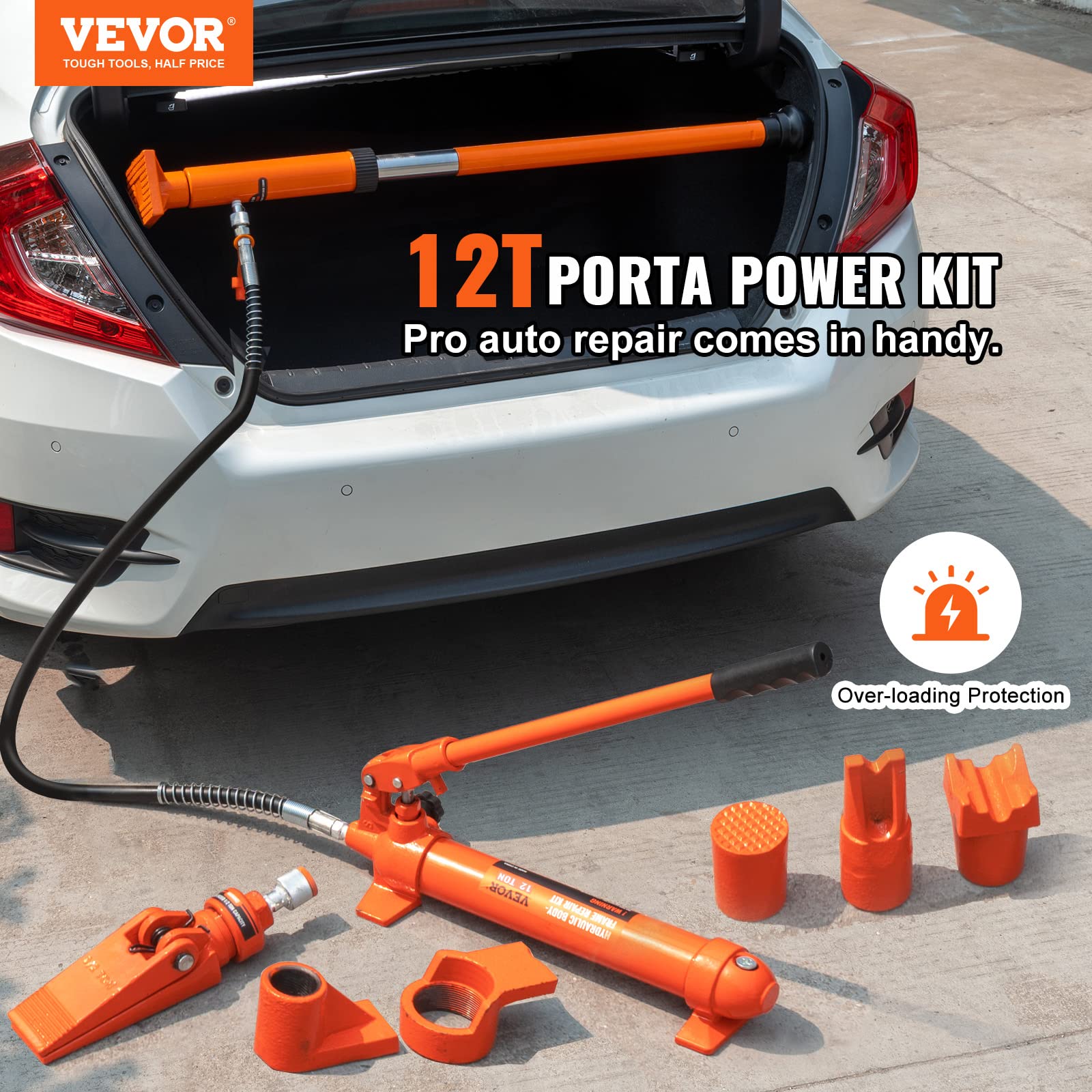VEVOR 12 Ton Hydraulic Porta Power Kit with Pump, 4.6ft Oil Hose & Storage Case - 26,455 LBS Capacity for Auto Repair, Garage, Farm & Heavy-Duty Mechanics | Professional Car Lift, Tire Change & Equipment Maintenance Tool