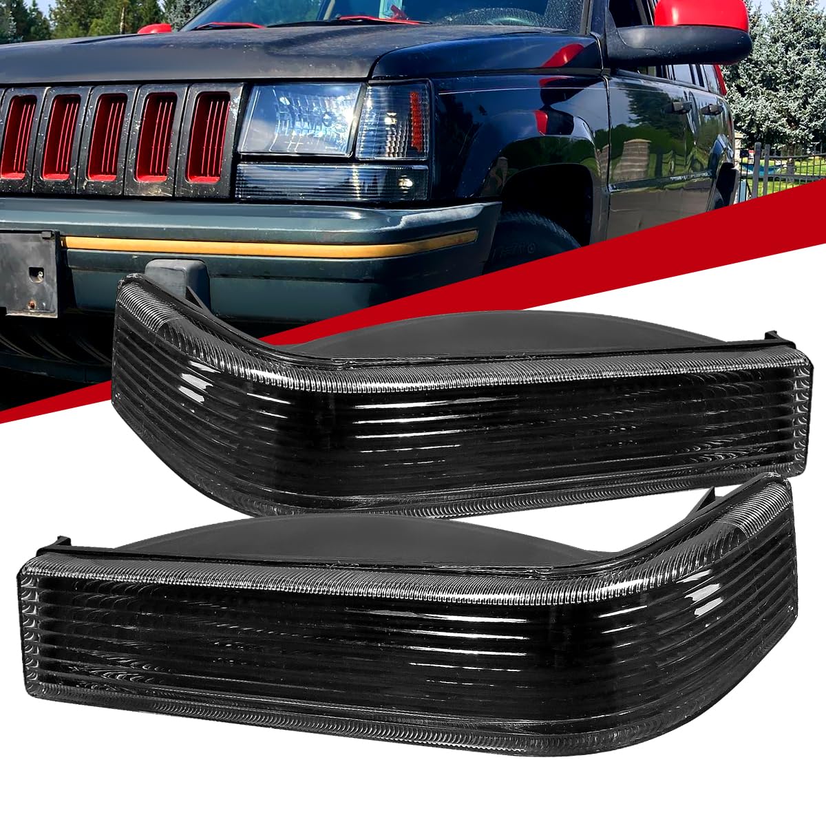 Carpartsinnovate Black Headlights with Bumper Corner Lamps - Pair for 1993-1996 Jeep Grand Cherokee SUV | Replacement Headlight Assembly for Off-Roading & Night Driving