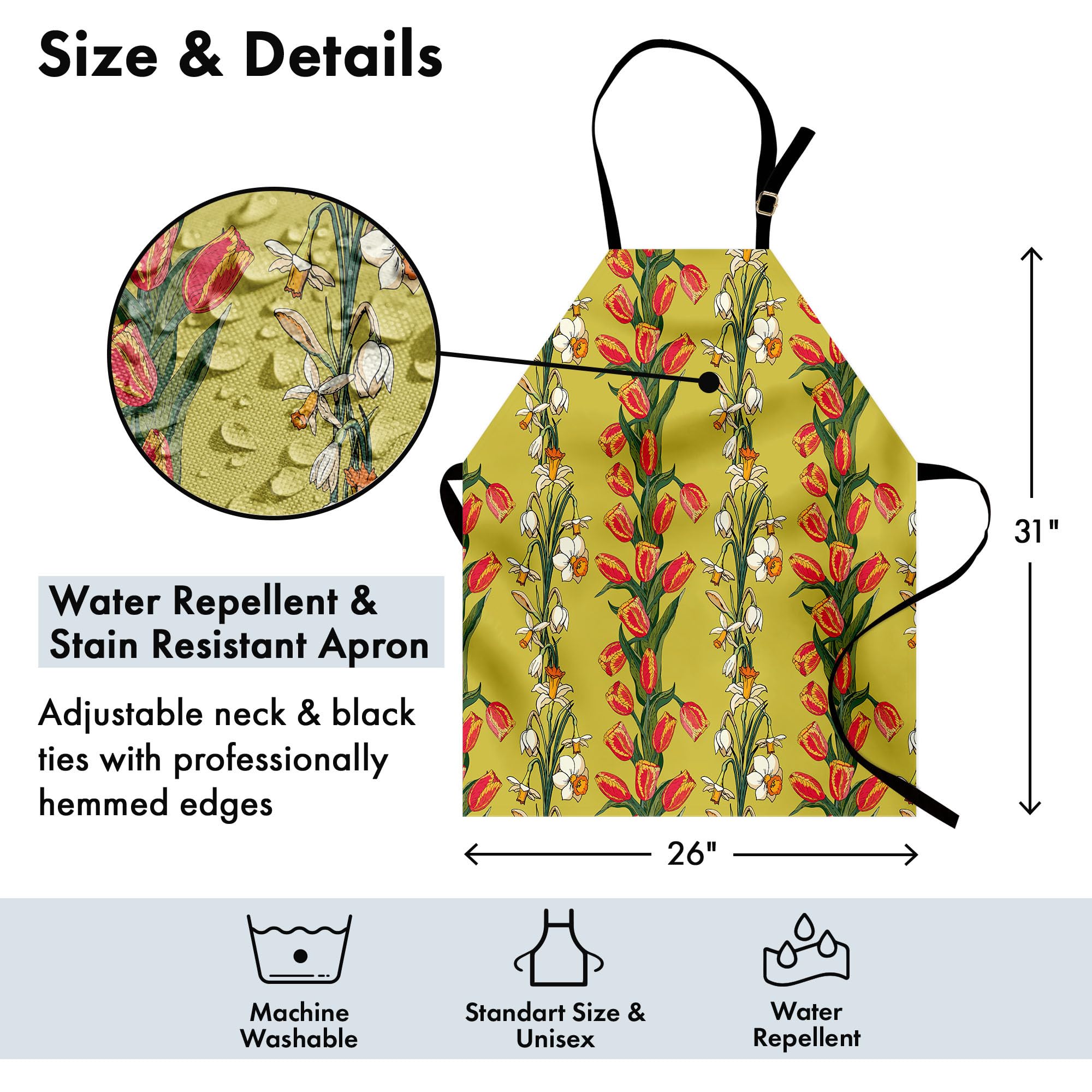 Ambesonne Floral Apron - Unisex Kitchen Bib with Adjustable Neck, Tulip & Daffodil Leafy Botanical Design in Khaki, Dark Coral, Olive Green & Orange - Perfect for Cooking, Baking, Gardening & BBQ - Adult Size